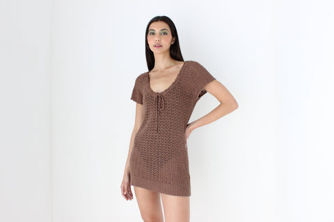 90s Caramel Crochet Knit Scoop Neck Mini Tee Dress or Top