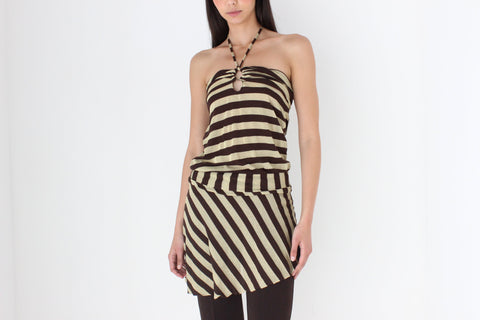 Y2K Striped Gold Glitter & Chocolate O-Ring Halter Neck Mini