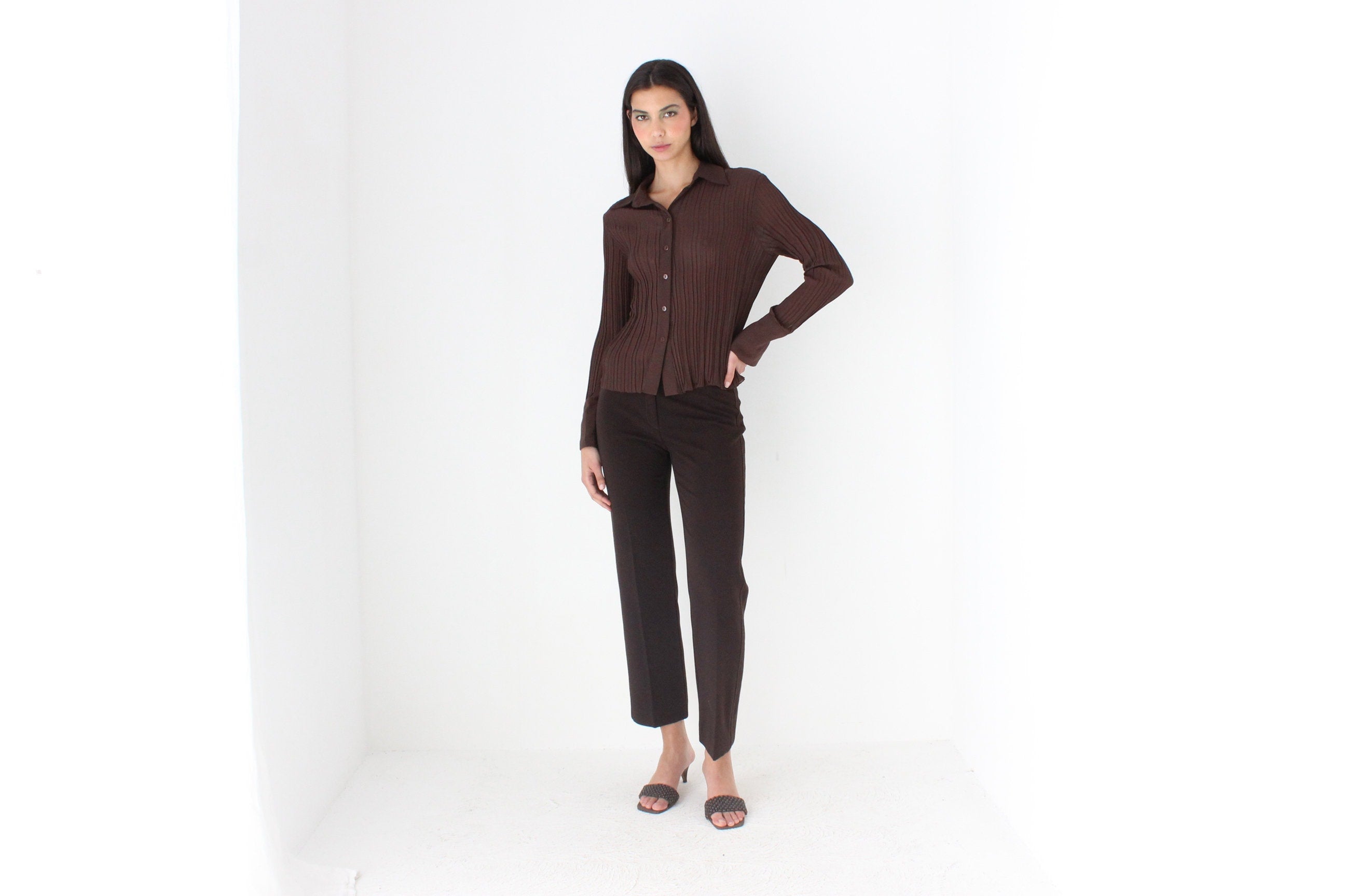 Y2K Sheer Chocolate Origami Pleated Textured Blouse