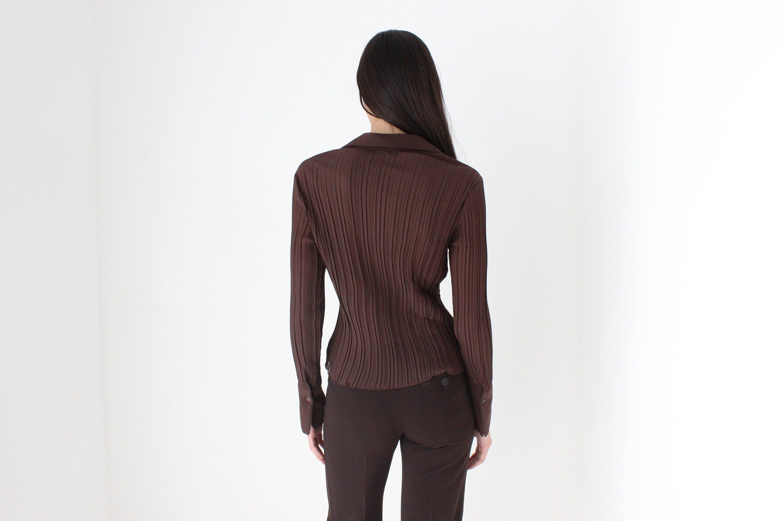 Y2K Sheer Chocolate Origami Pleated Textured Blouse