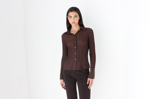 Y2K Sheer Chocolate Origami Pleated Textured Blouse