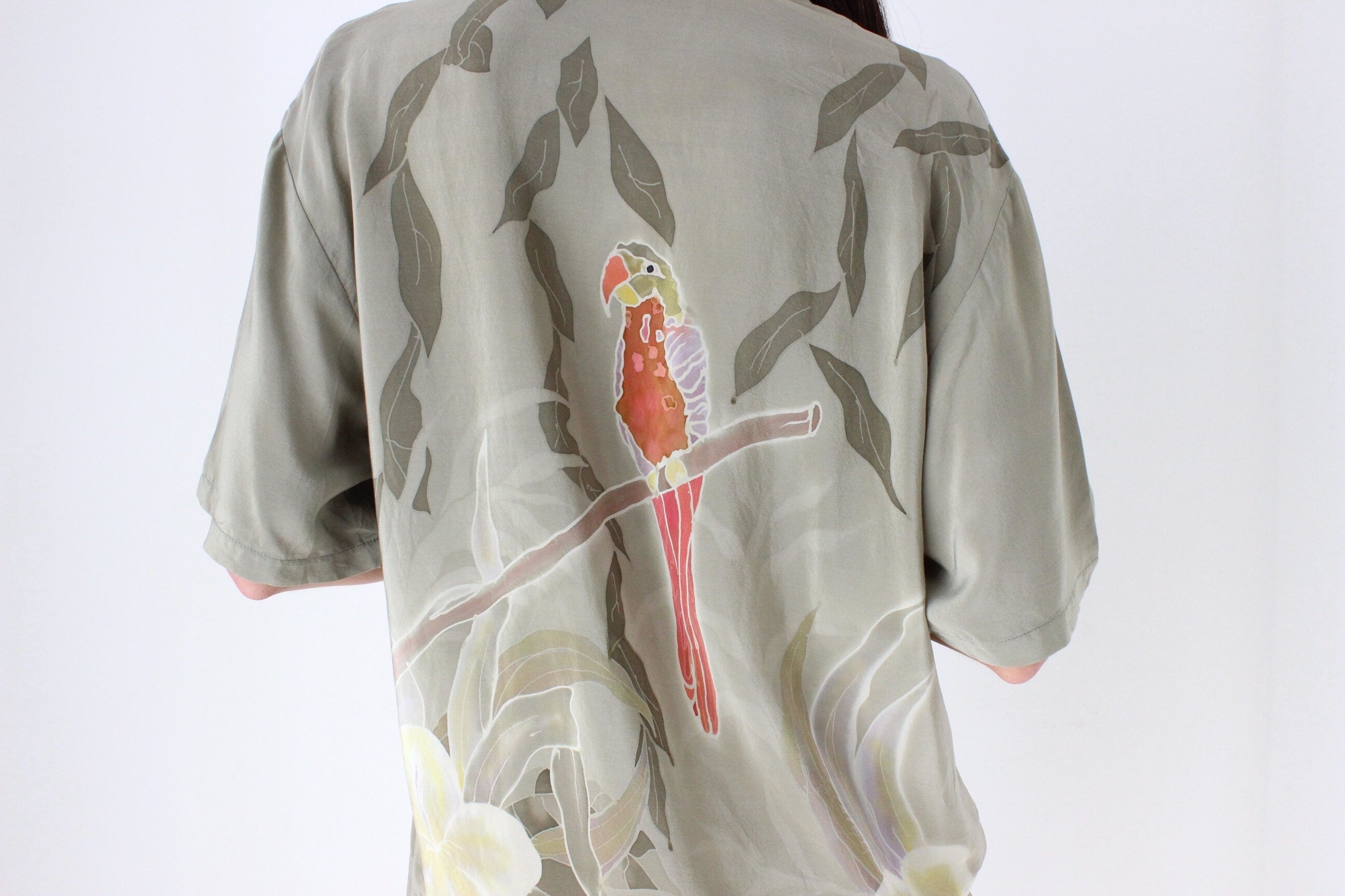 Handpainted 90s Batik Tropical Parrot Boxy Silk Shirt