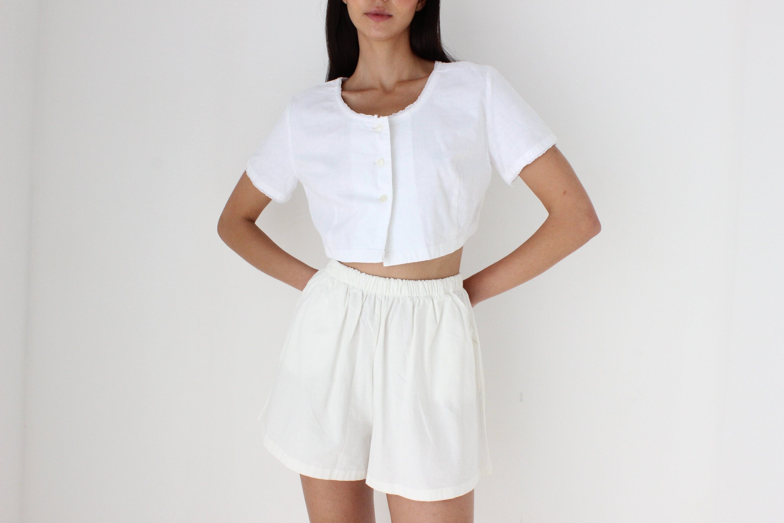 Antique Italian Cotton White Smock Crop Top