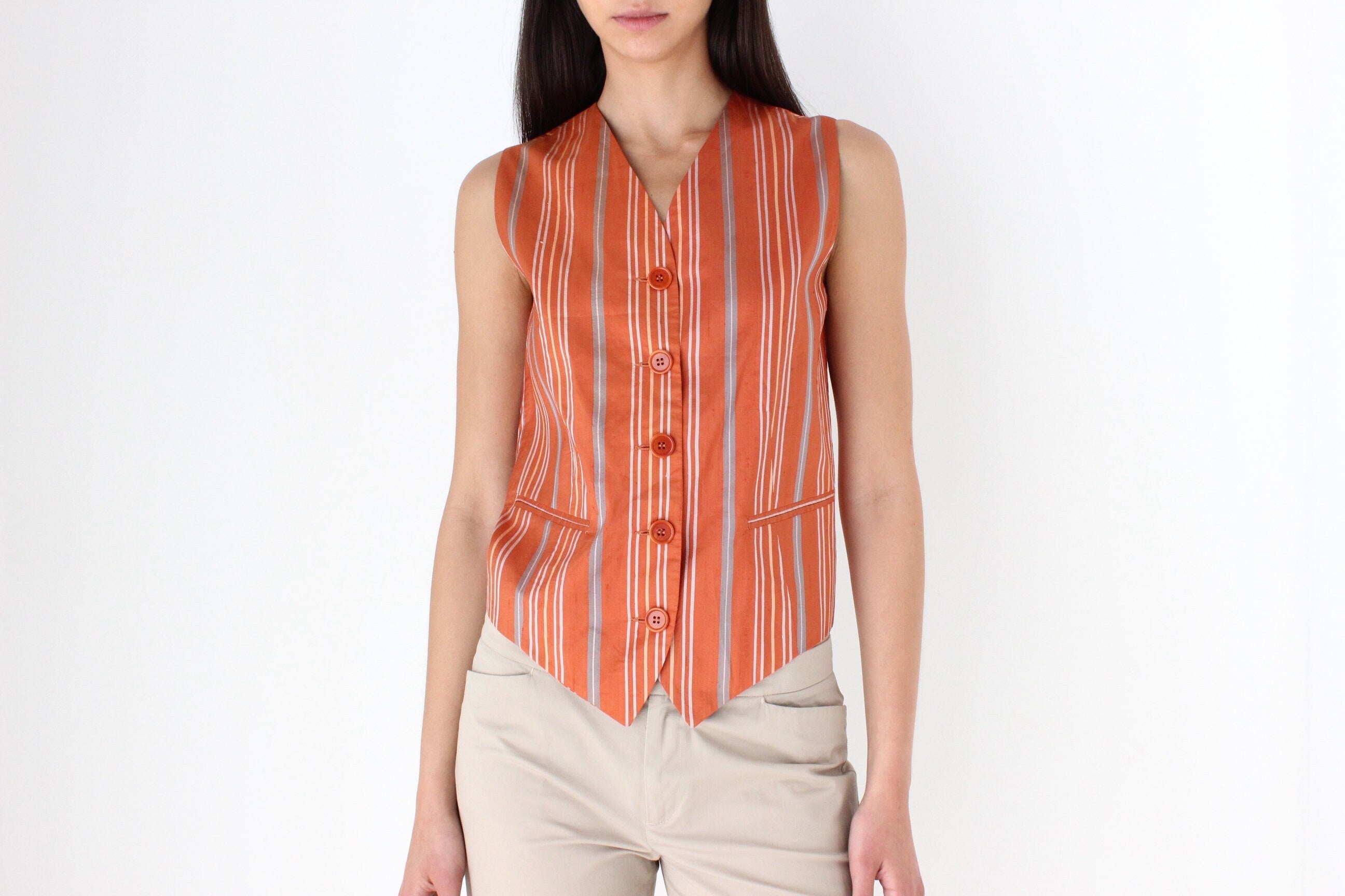 90s Raw Silk Button Up Striped Waistcoat Top - by Victor Victoria Made in Italy