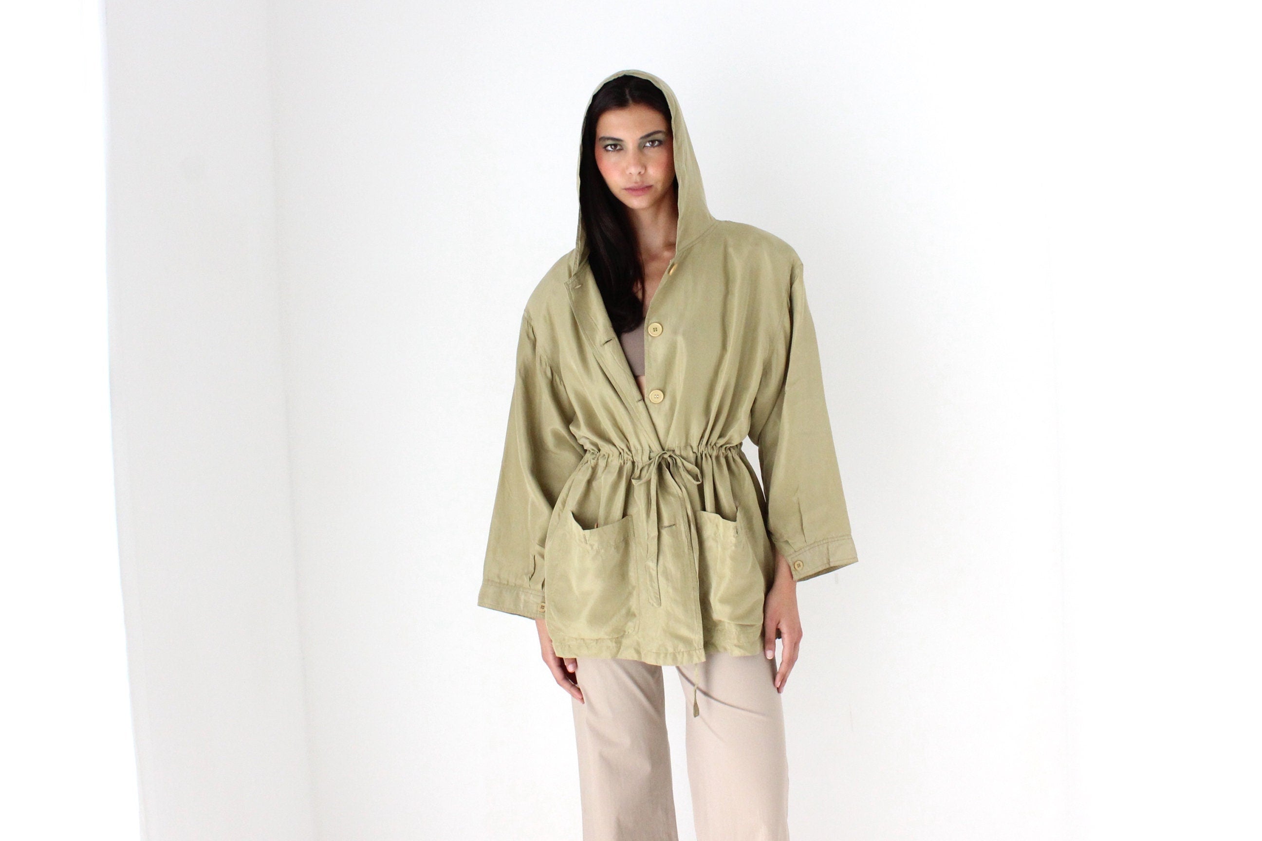 80s Pure Silk Olive Green Hooded Anorak