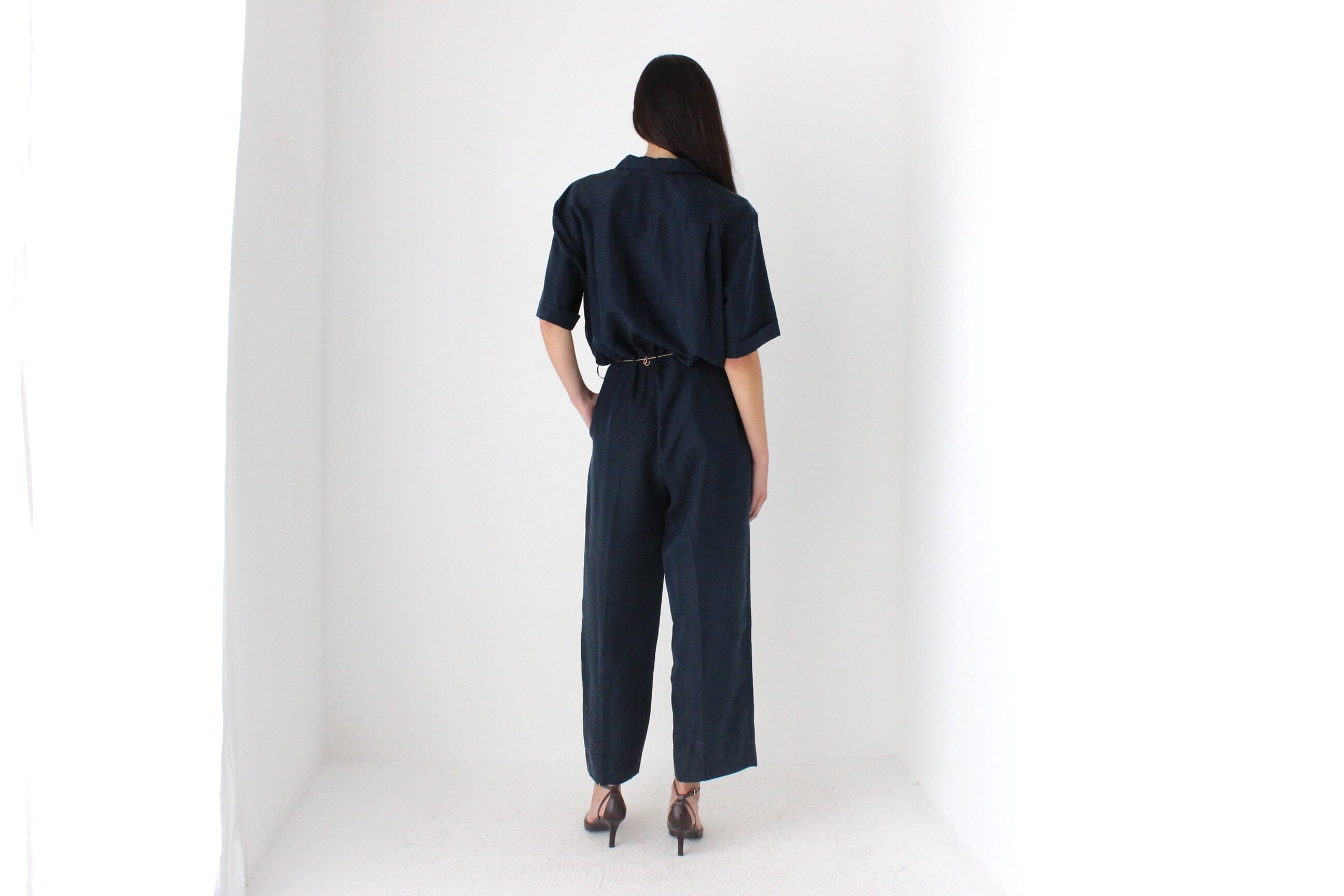 80s Pure Silk Midnight Blue Relaxed Jumpsuit