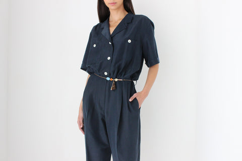 80s Pure Silk Midnight Blue Relaxed Jumpsuit