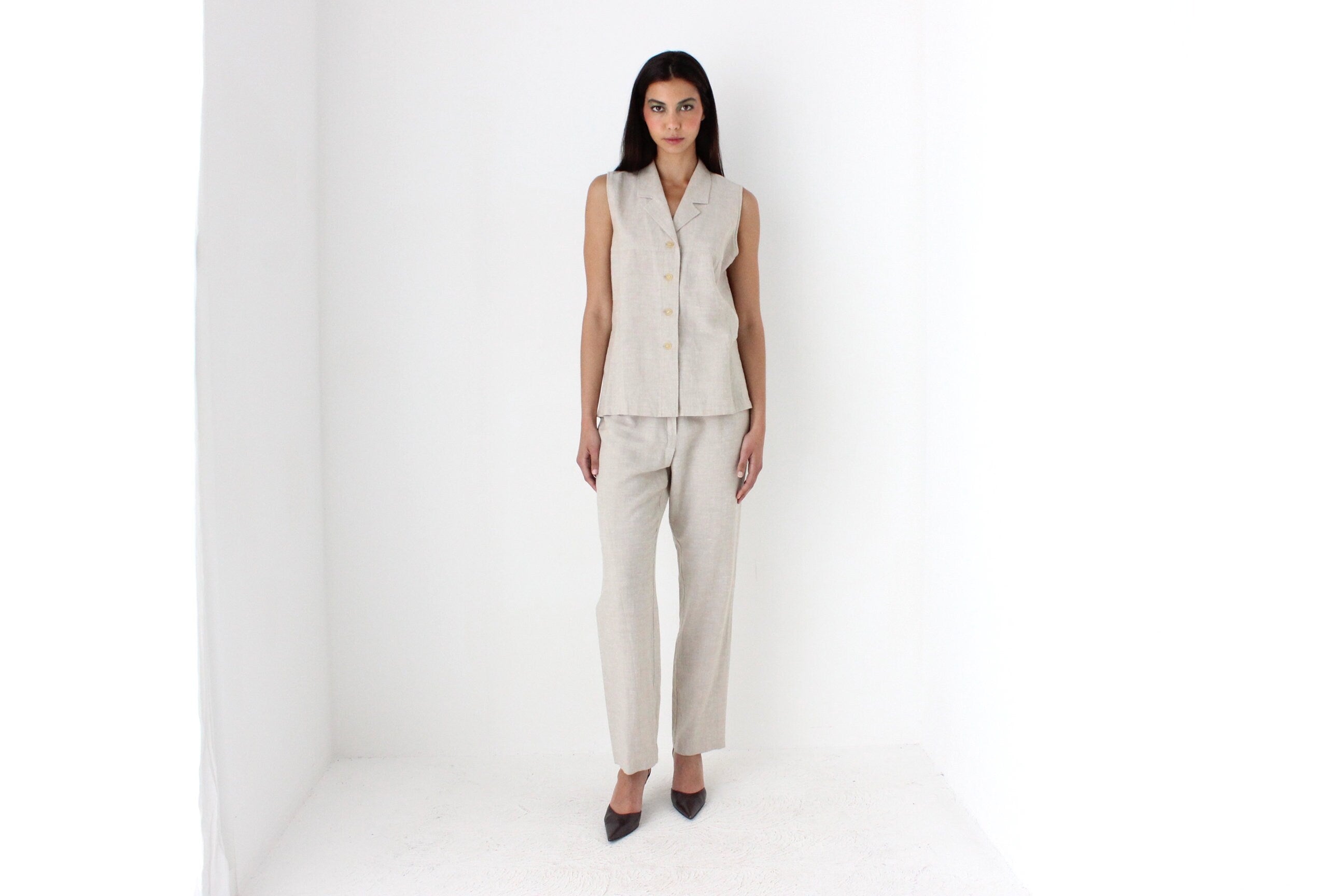 90s Minimal Beige Linen Waistcoat & Trouser Set