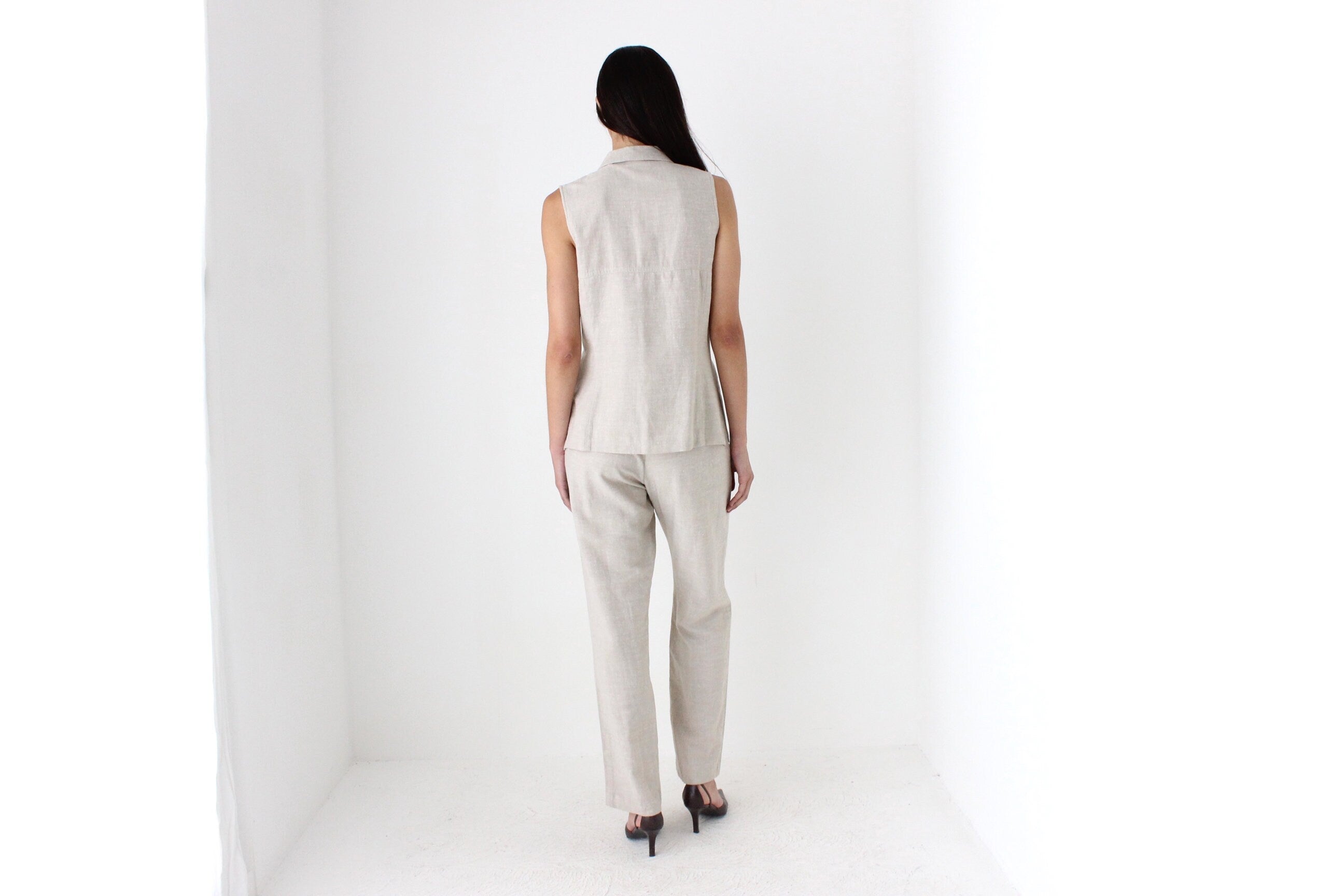 90s Minimal Beige Linen Waistcoat & Trouser Set