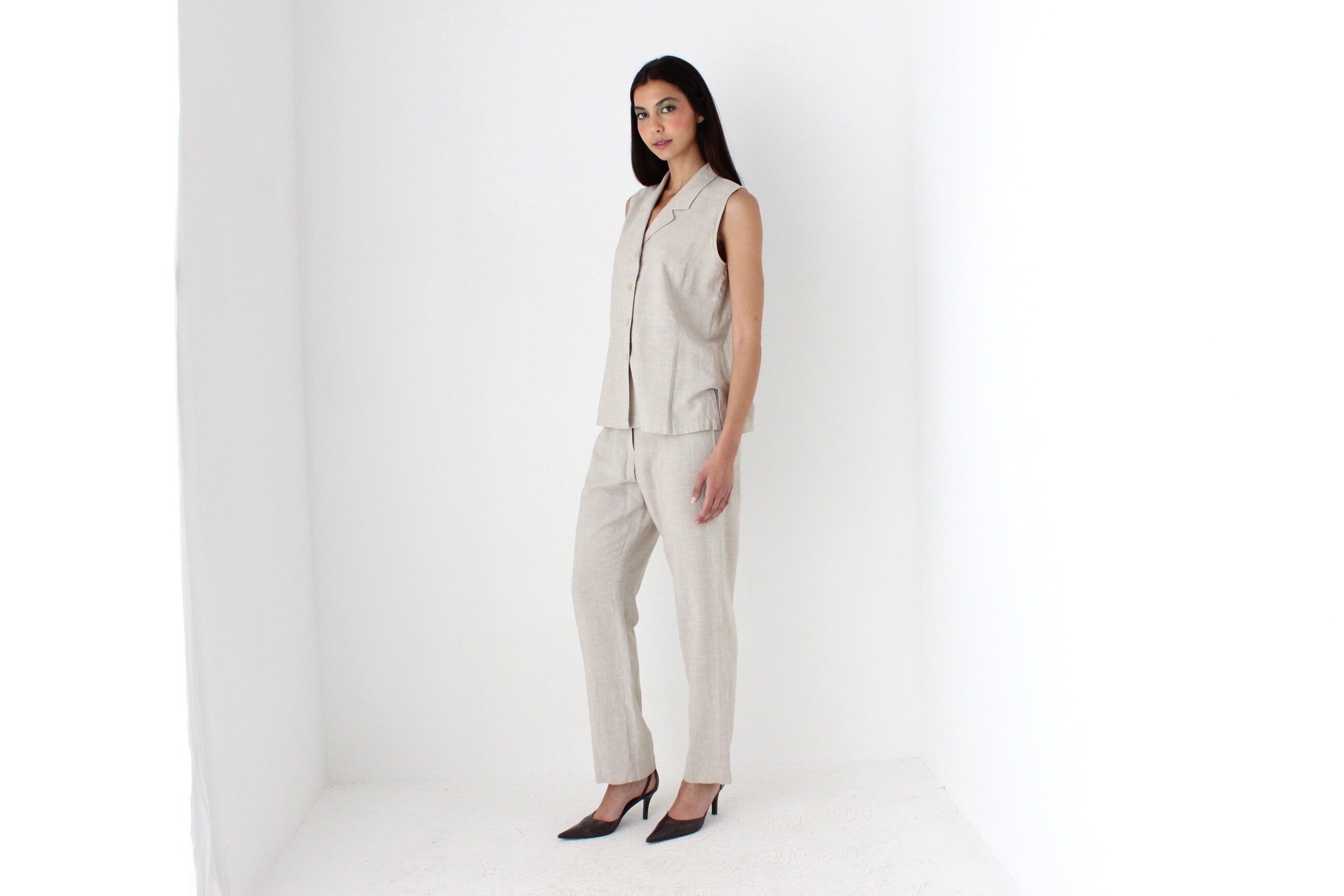 90s Minimal Beige Linen Waistcoat & Trouser Set