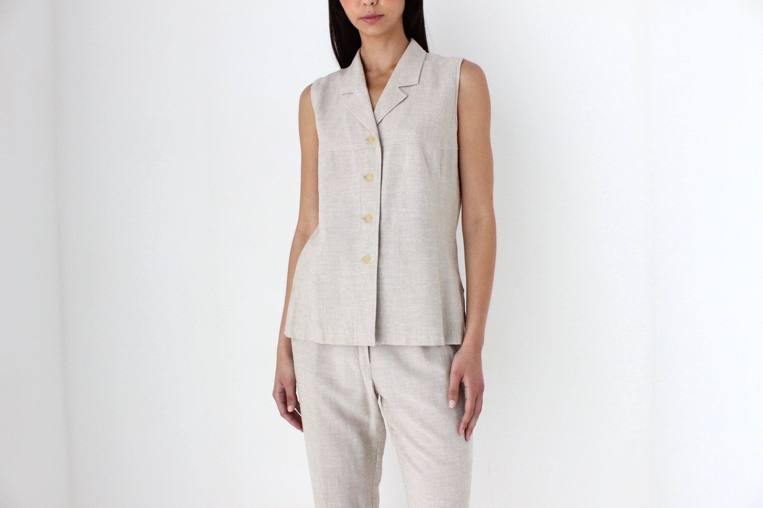 90s Minimal Beige Linen Waistcoat & Trouser Set