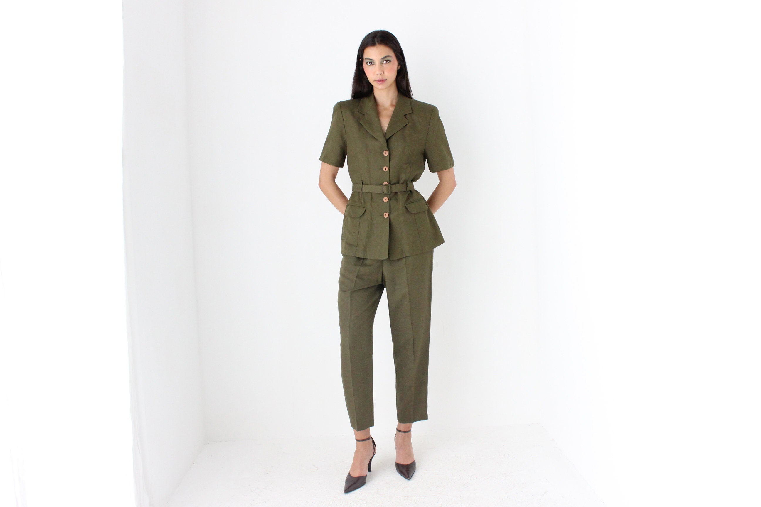 Elegant 90s Belted Shirt & Trouser Two Piece Set