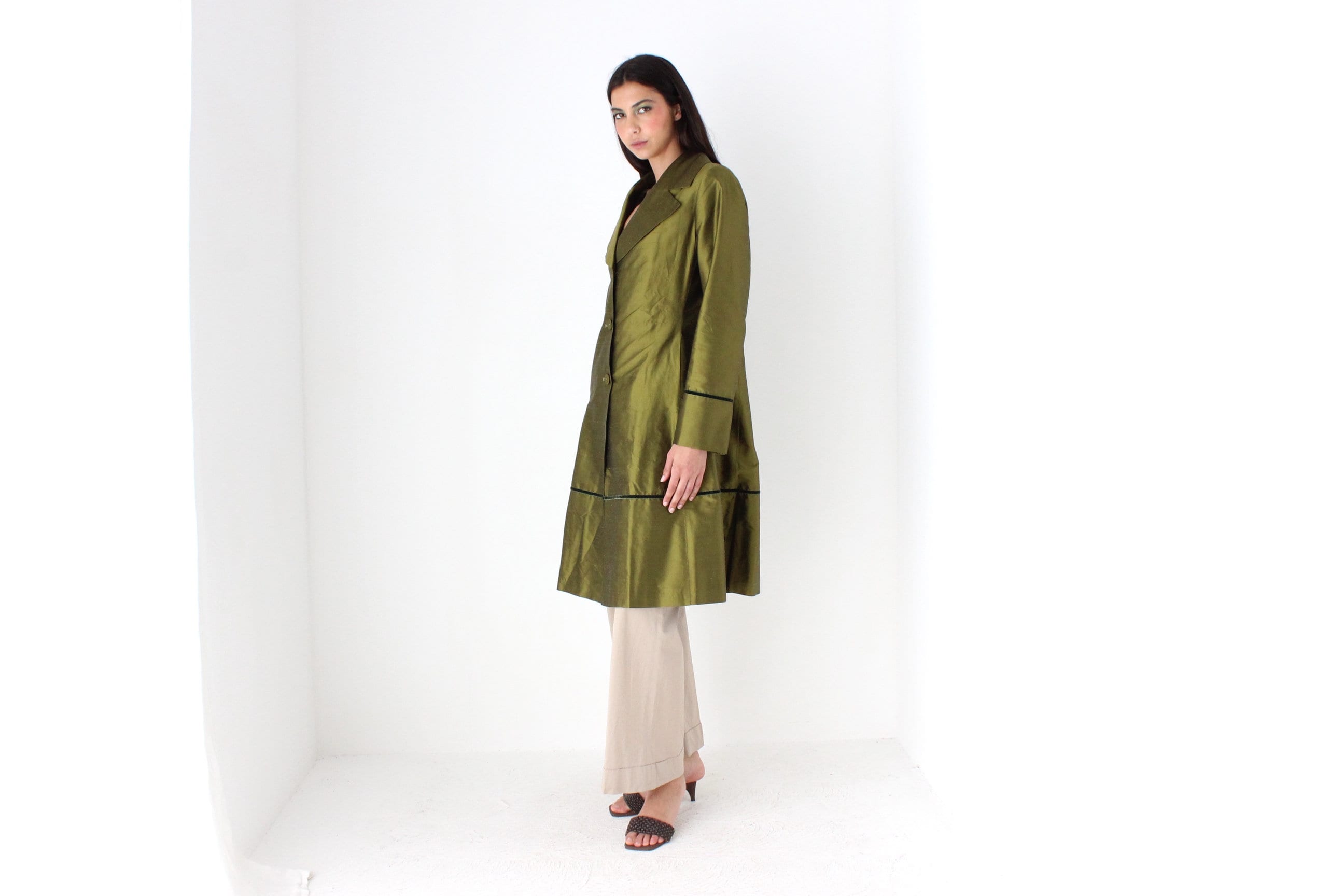 90s Metallic Raw Silk Olive Green Coat by Tintoretto
