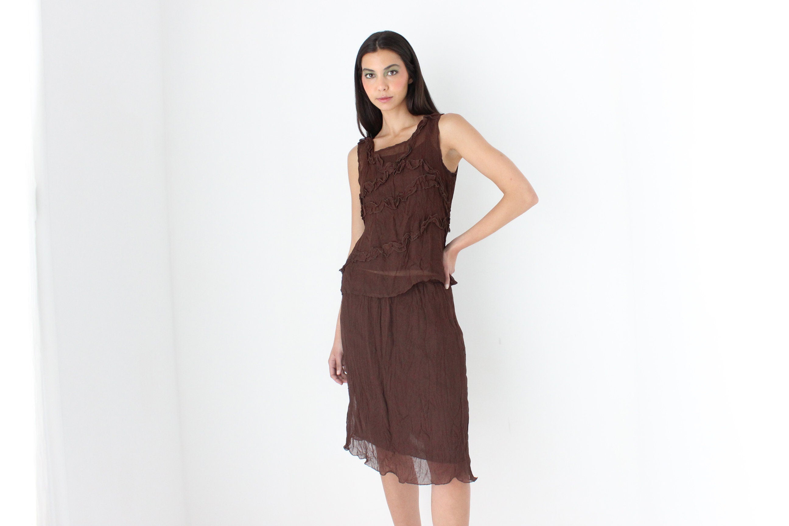 90s Woven Chocolate Two Piece Top & Skirt Ruffle Set by Ana Galdon, Spain