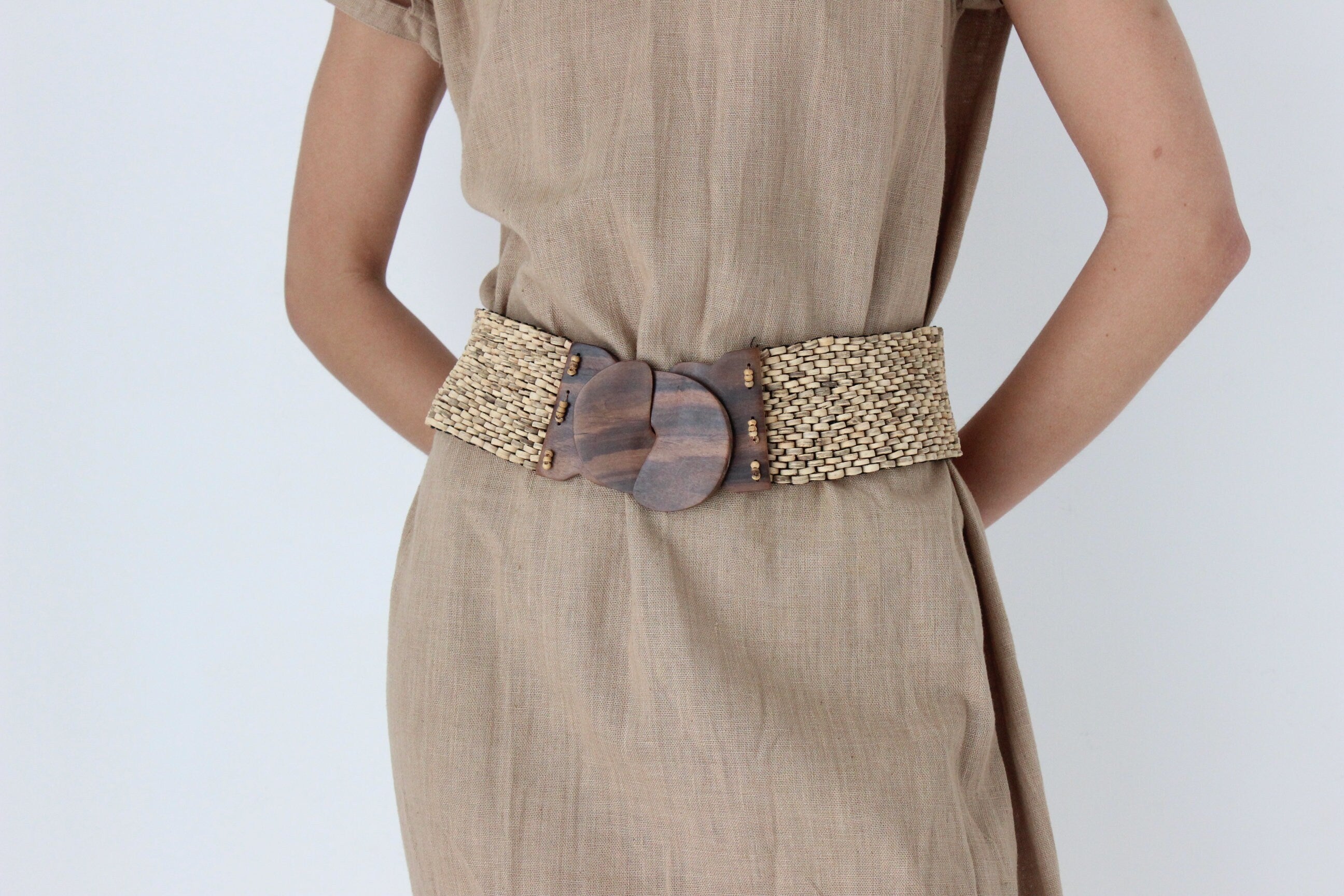 2000s Stretchy Earthy Beaded Thick Woven Belt
