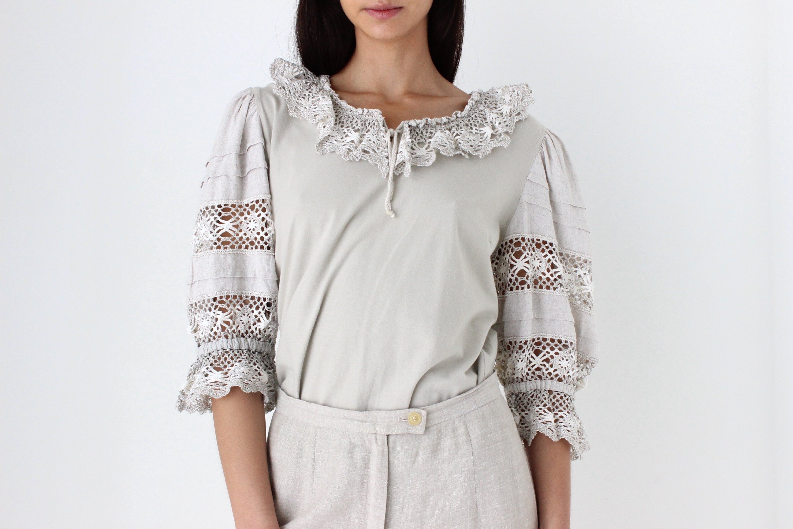 90s Detailed Cotton Folk Puff Sleeve Top