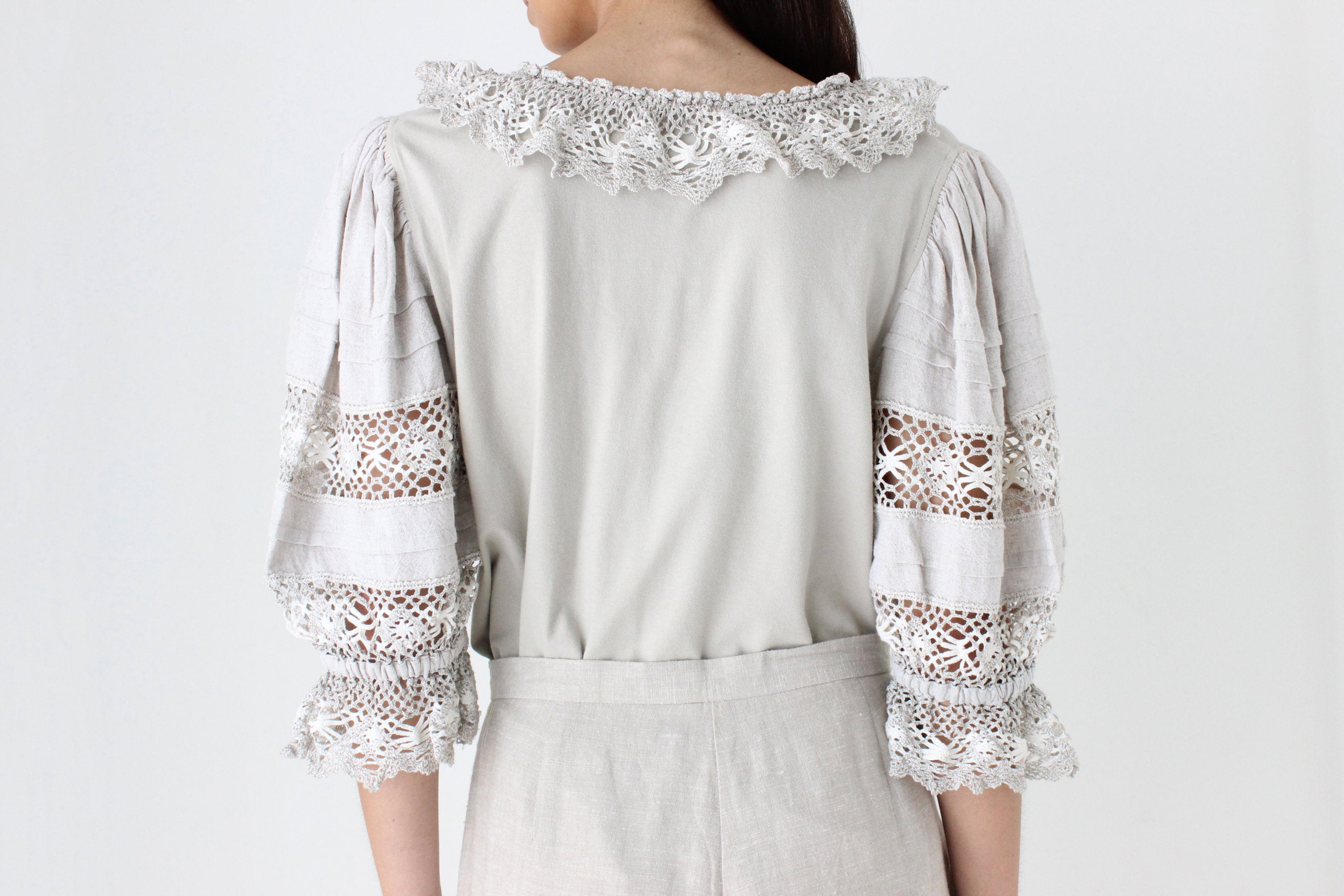 90s Detailed Cotton Folk Puff Sleeve Top