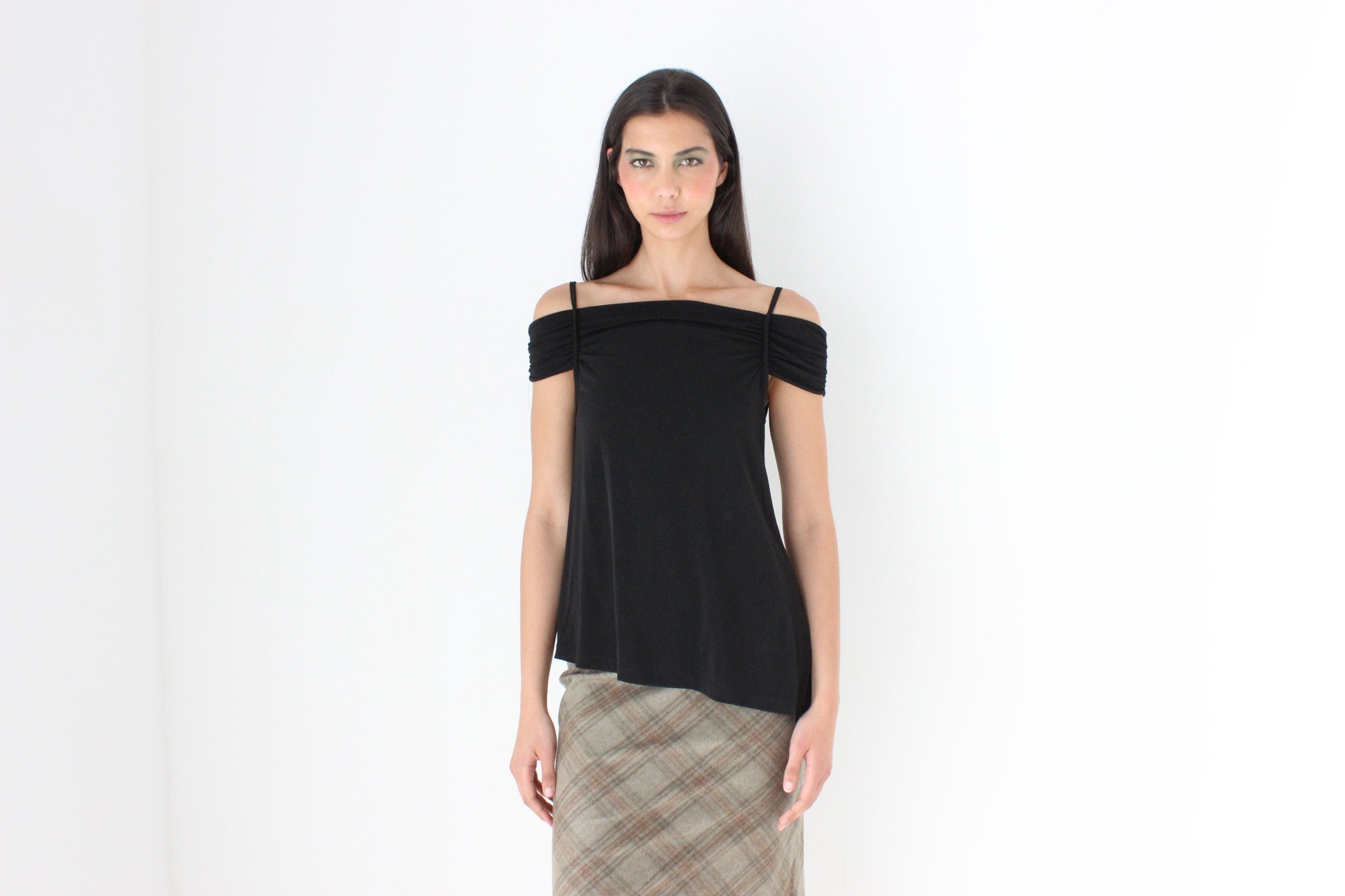 Funky Y2K Italian Vintage Ruched Jersey Off-Shoulder Top