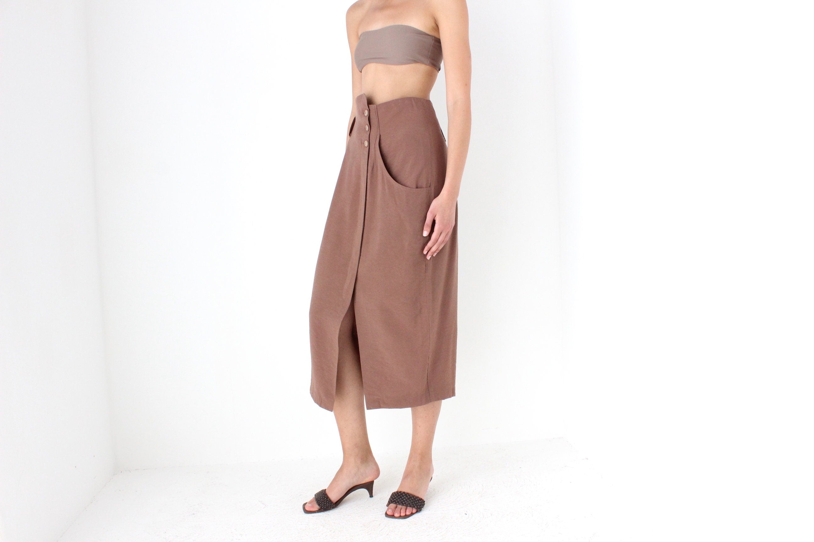 80s Surrealist Asymmetric Linen High Waist Midi Skirt