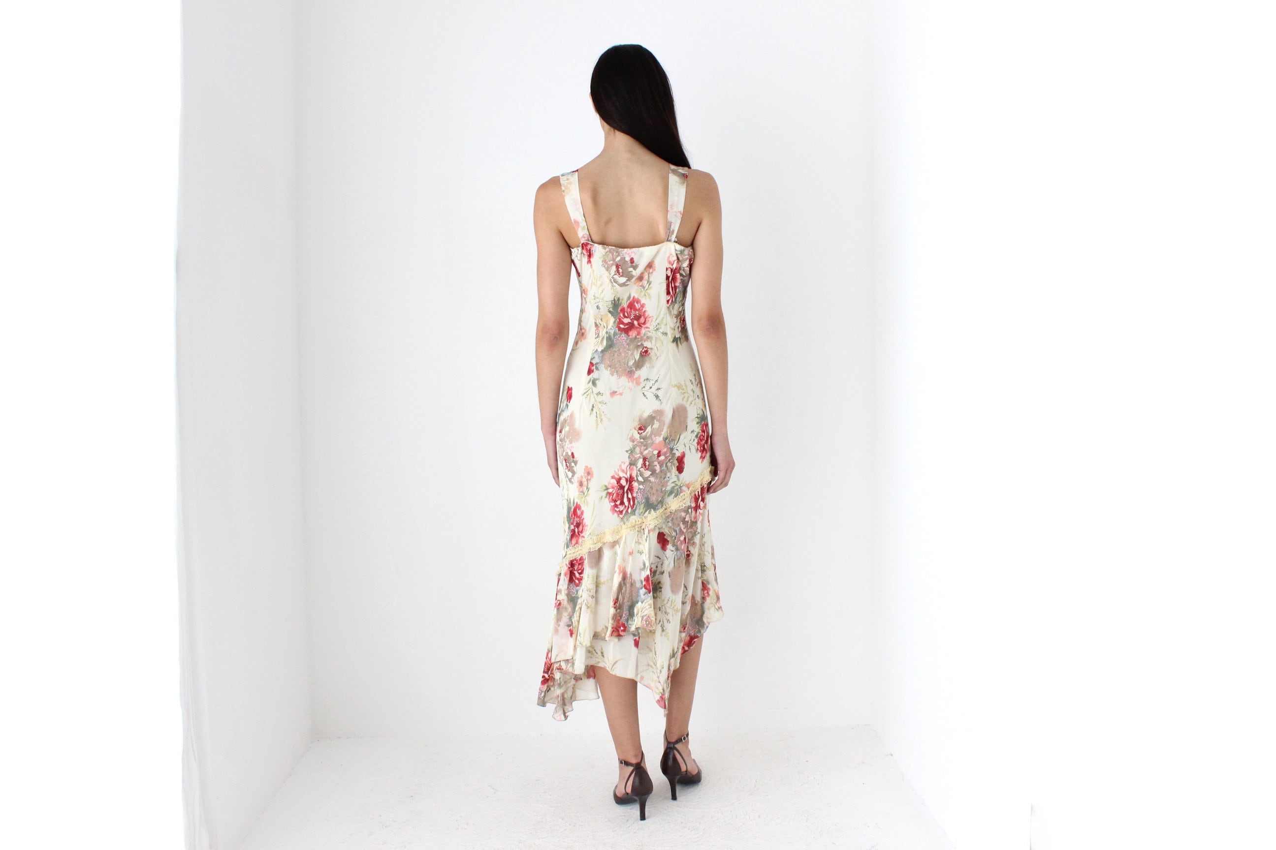 Y2K Spanish Asymmetric Floral Bias Cut Dress
