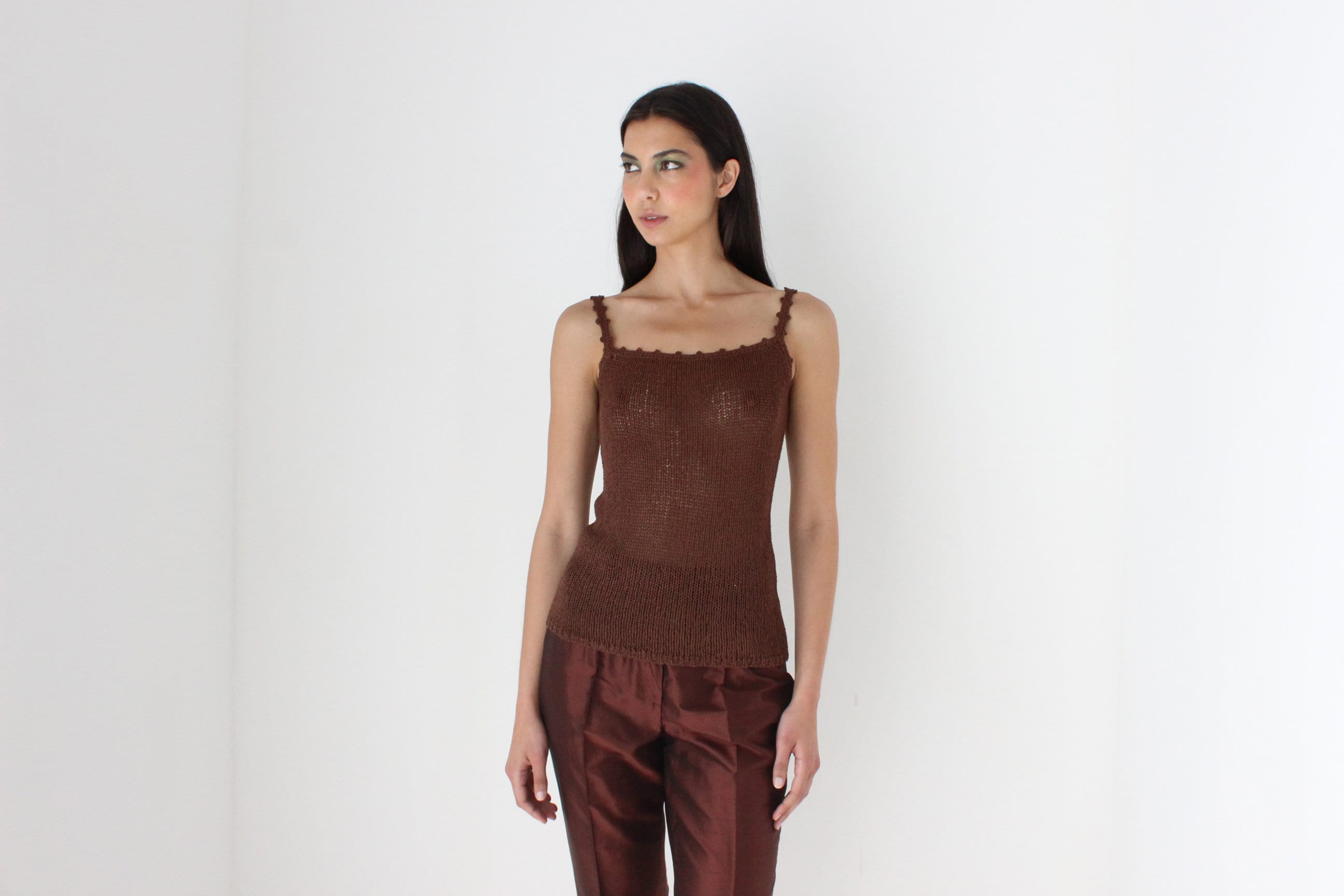 90s Elevated Crochet Knit Chocolate Tank Top