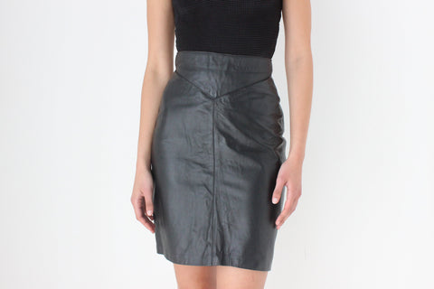 80s Black Leather Mini Pencil Skirt