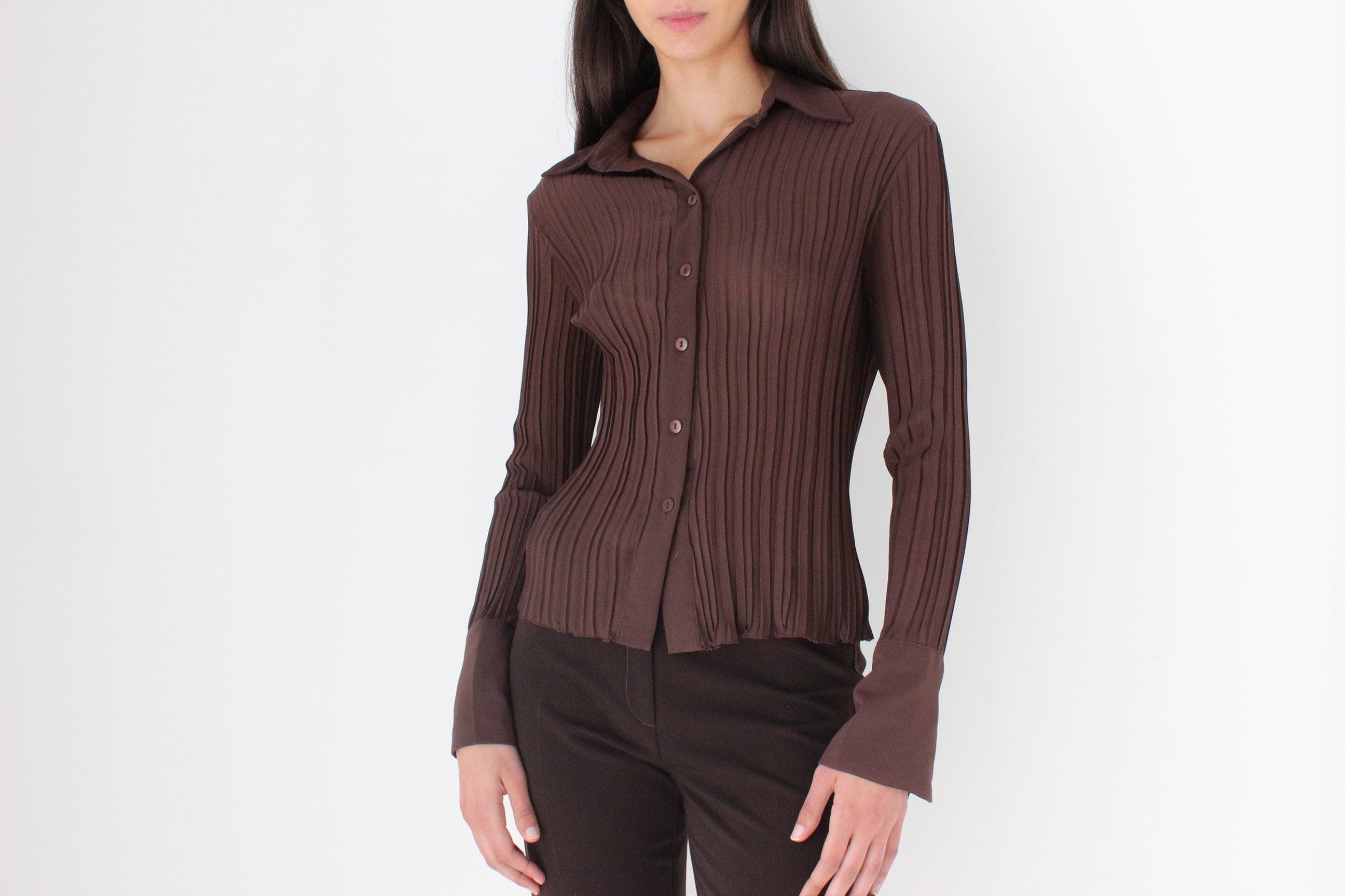 Y2K Sheer Chocolate Origami Pleated Textured Blouse