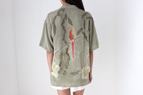 Handpainted 90s Batik Tropical Parrot Boxy Silk Shirt