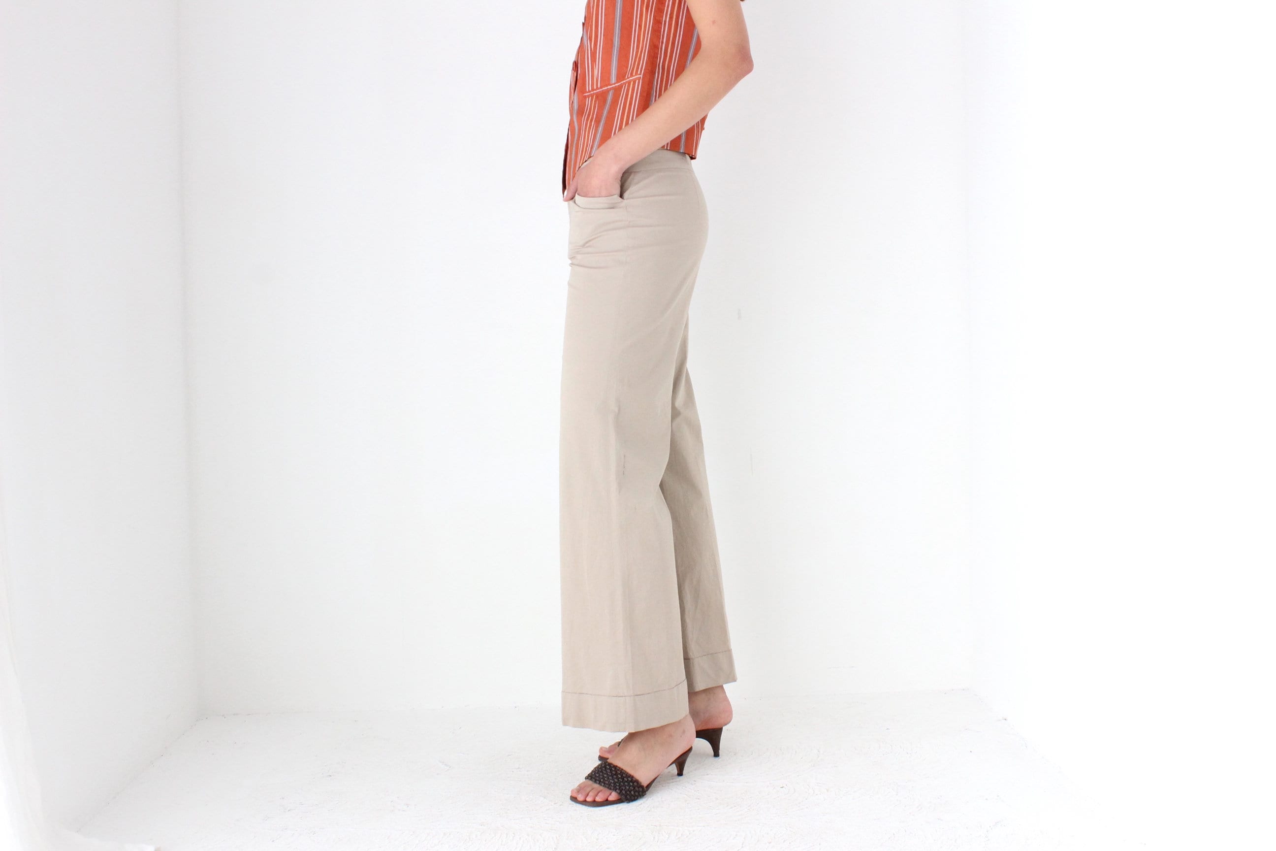 2000s Prada Sport Neutral Beige Low Rise Wide Leg Trousers