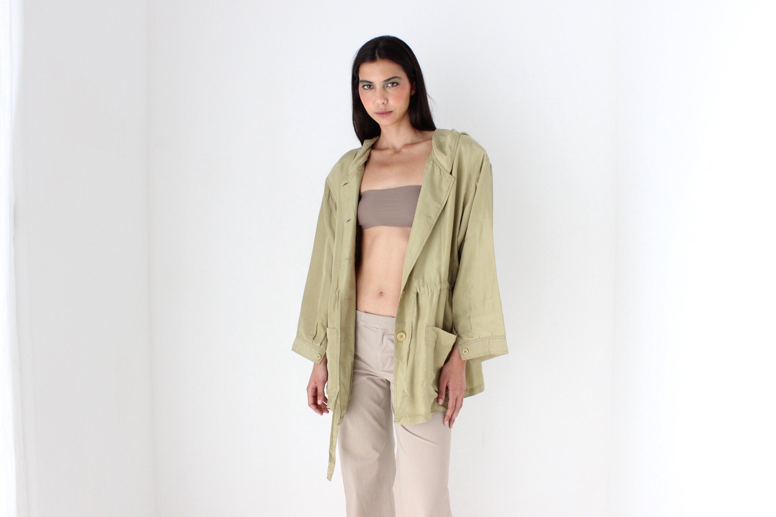 80s Pure Silk Olive Green Hooded Anorak
