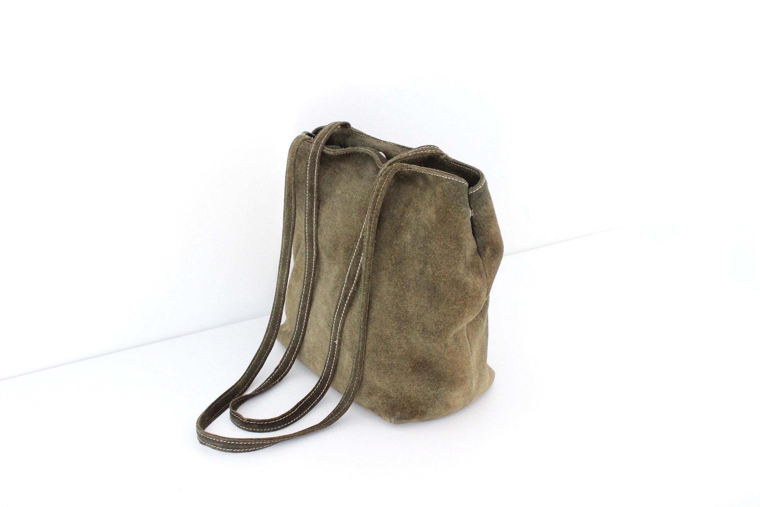 90s Olive Green Minimal Suede Shoulder Bag