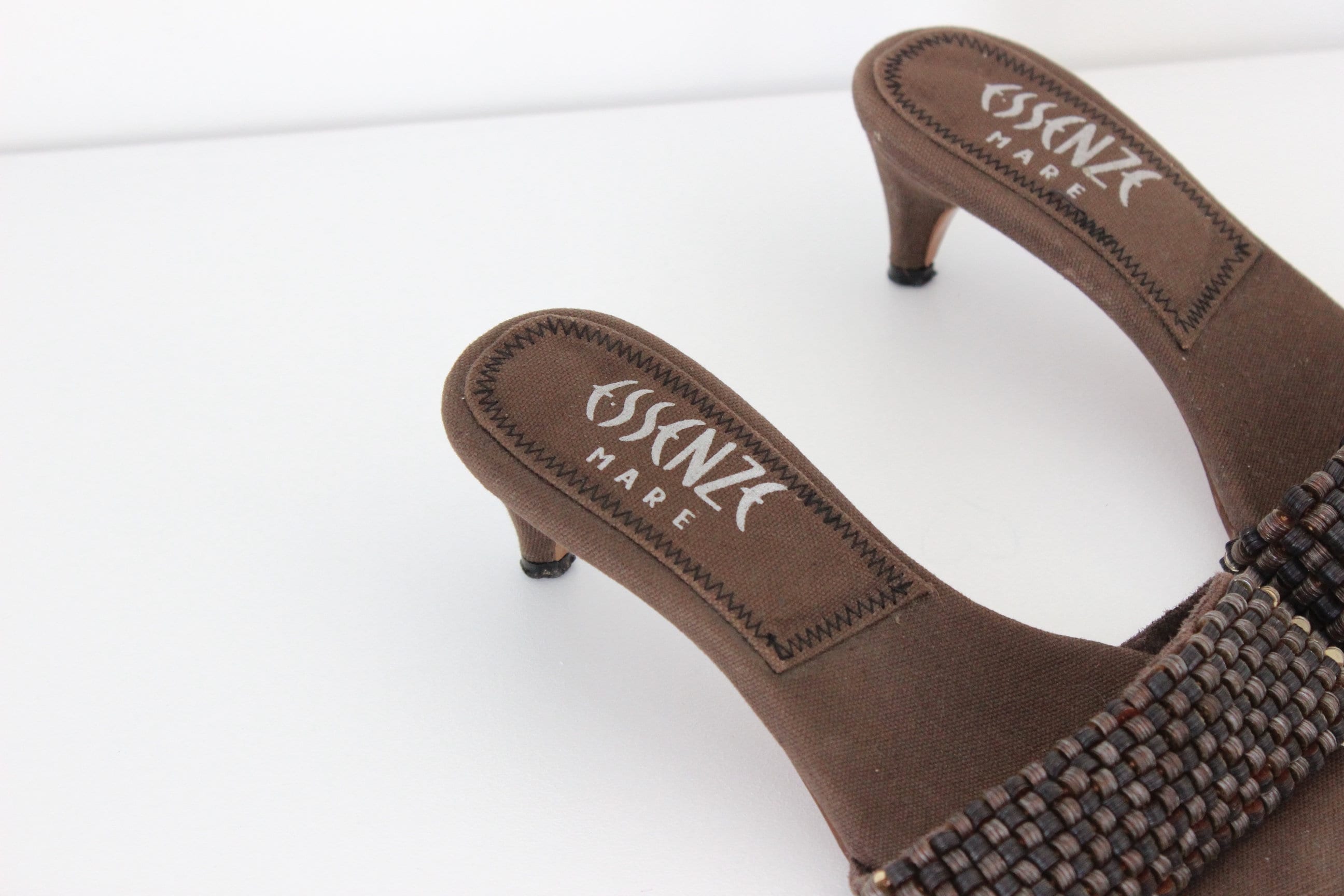 Y2K Chocolate Canvas & Sequin Kitten Heel Sandals ~ Euro 38