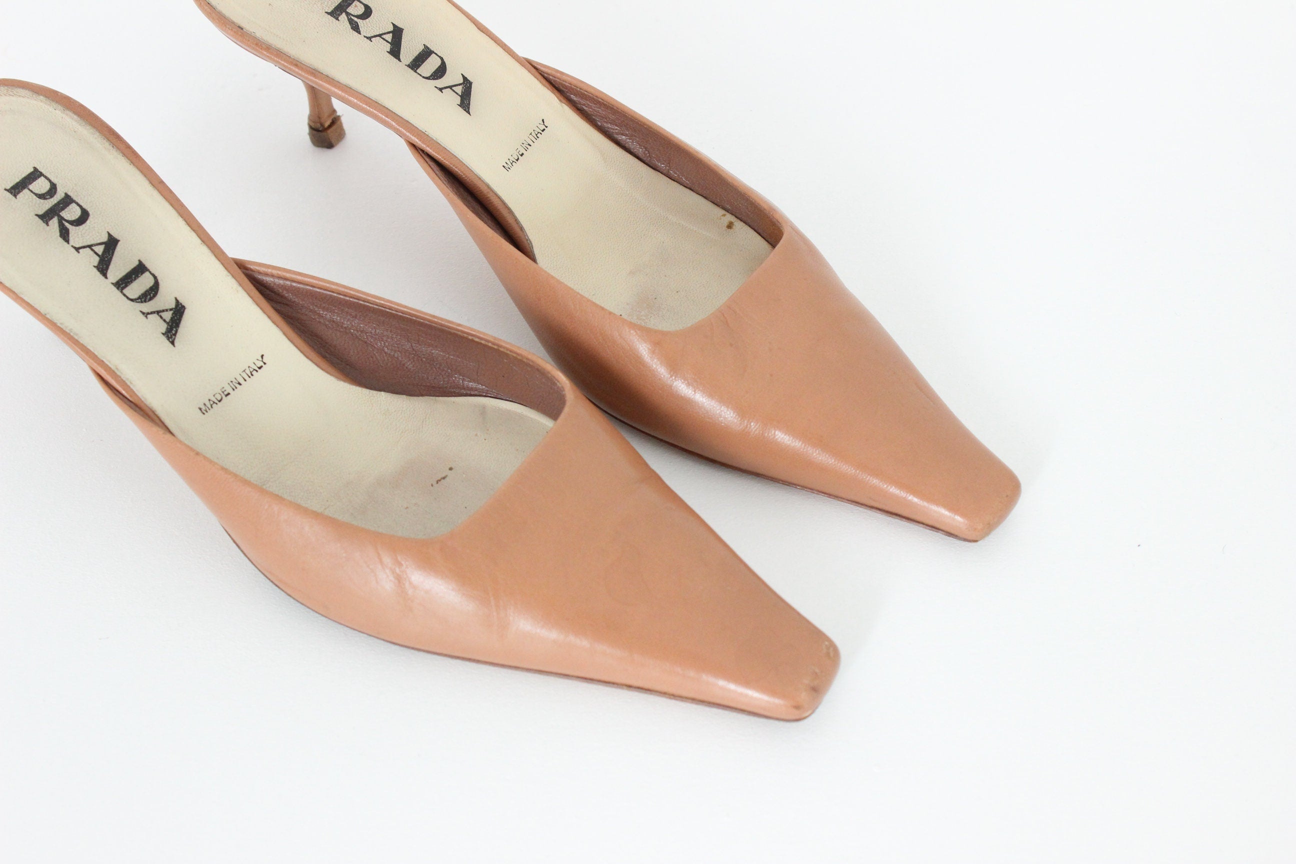 90s PRADA Leather Dusty Rose Pointed Toe Kitten Heel Mules ~ Euro 37