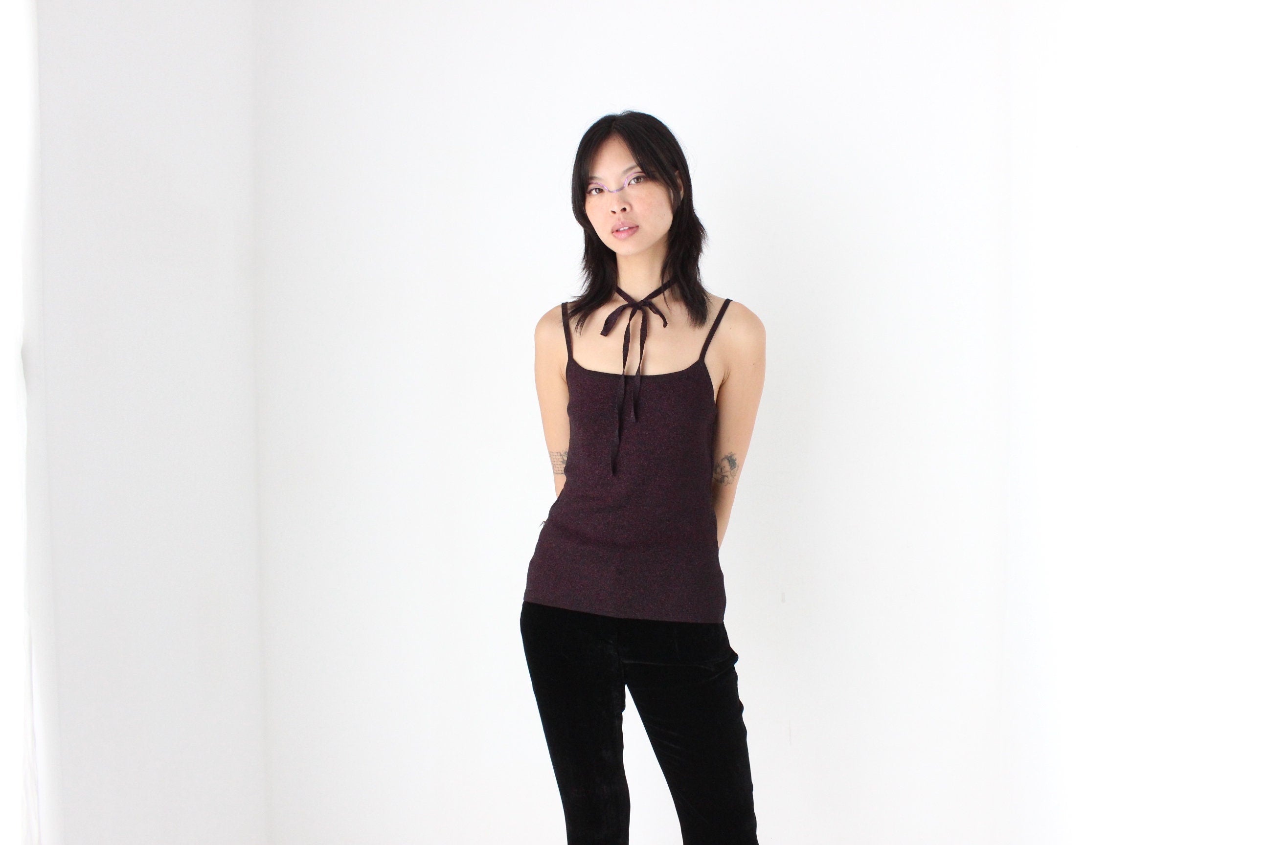 Y2K Lurex Stretch Fitted Tank w/ Tie Belt or Choker