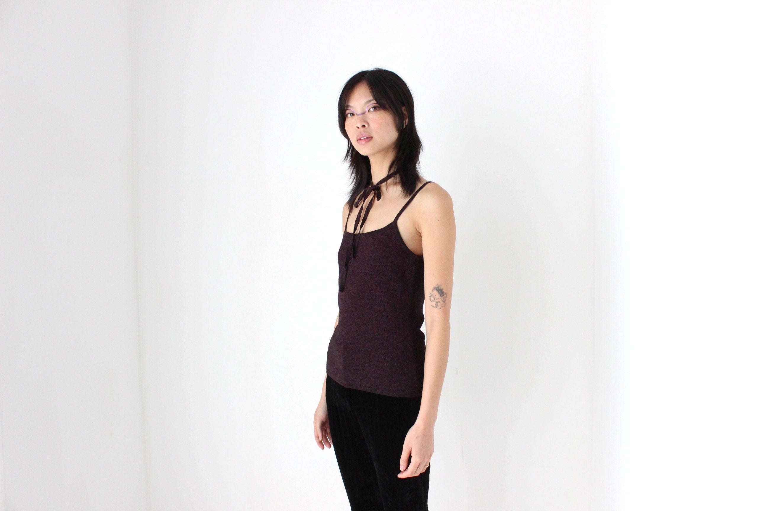 Y2K Lurex Stretch Fitted Tank w/ Tie Belt or Choker