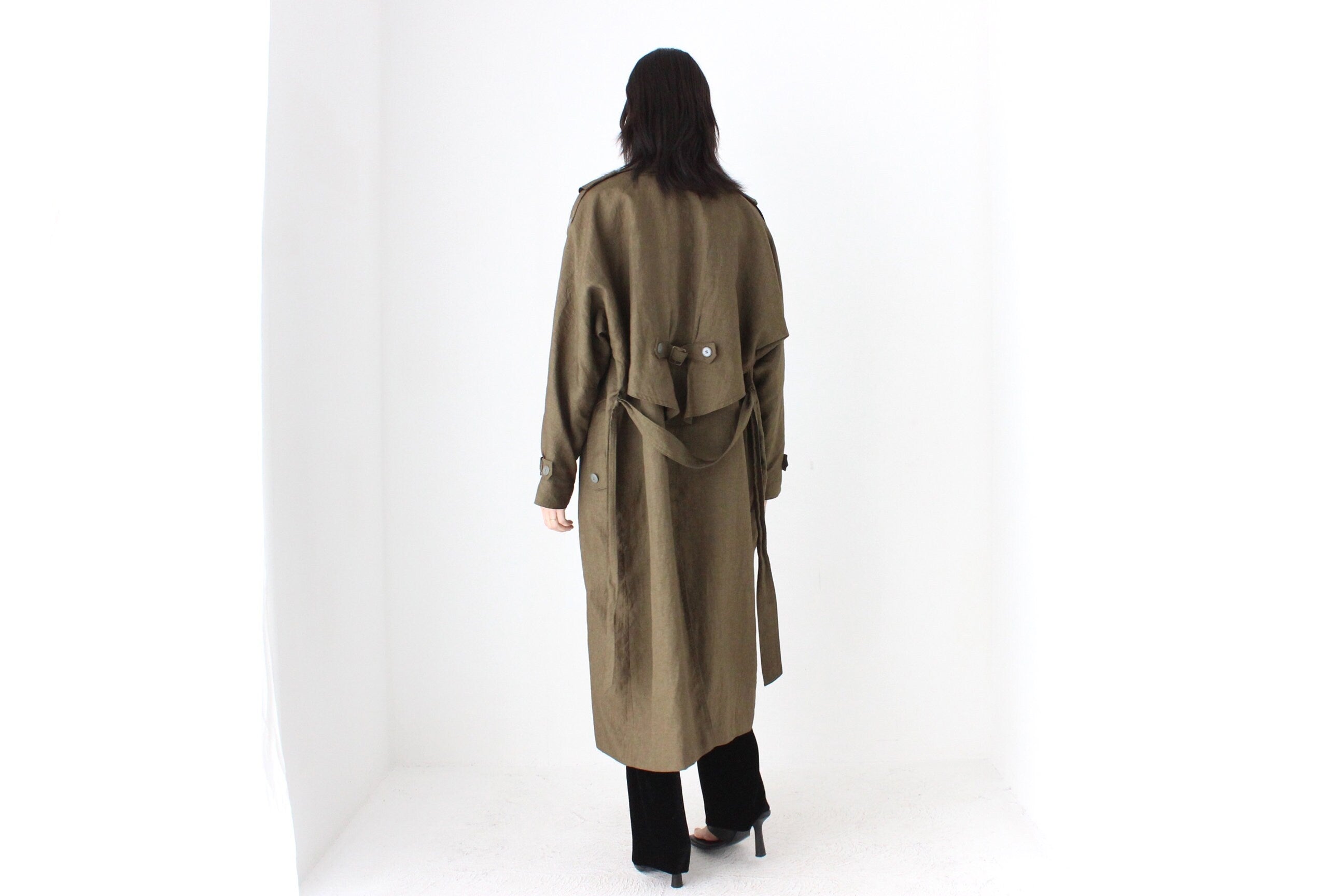 80s Neutral Longline Classic Belted Trench Coat