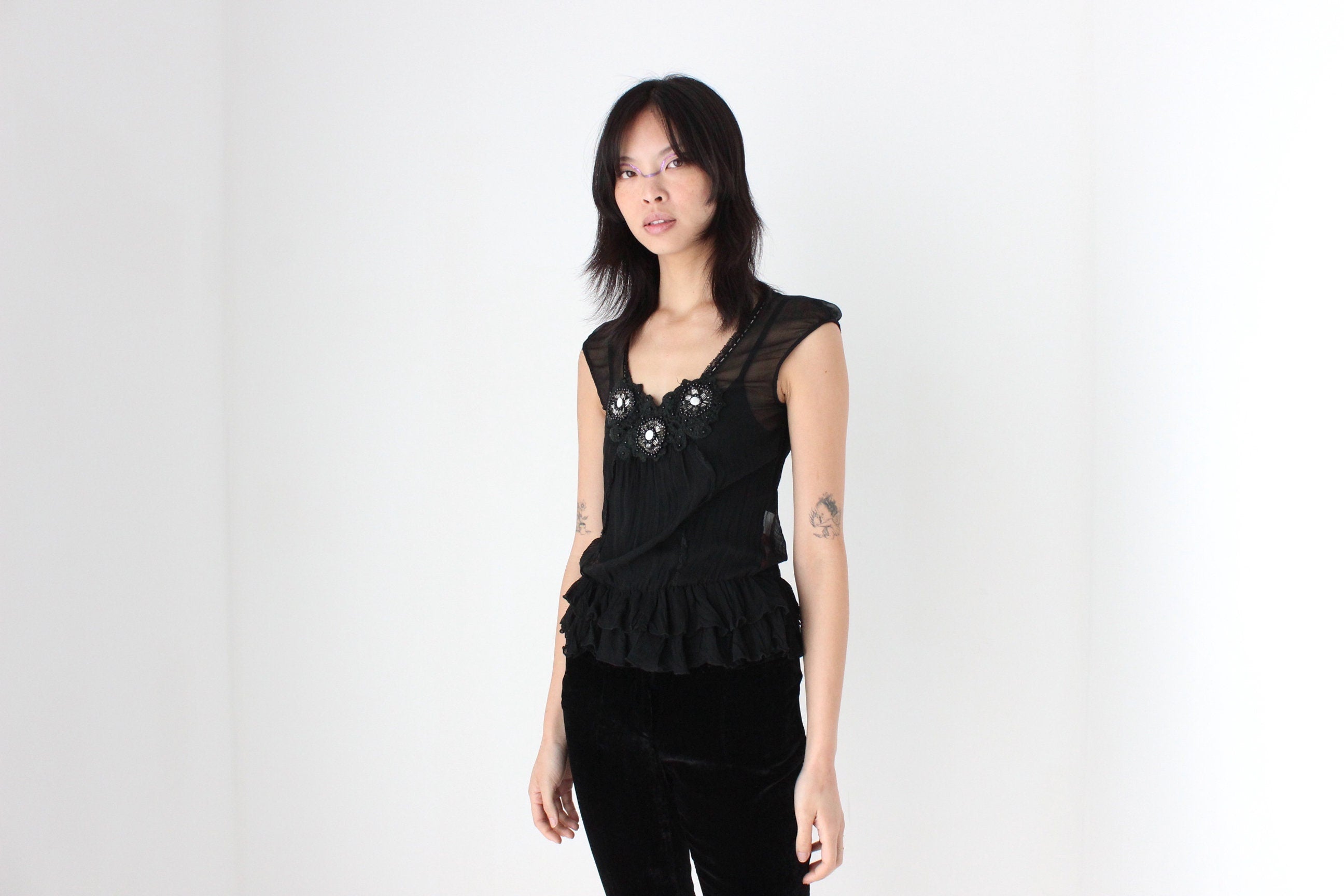 Y2K Gauzy Bejewelled Cap Sleeve Gathered Top