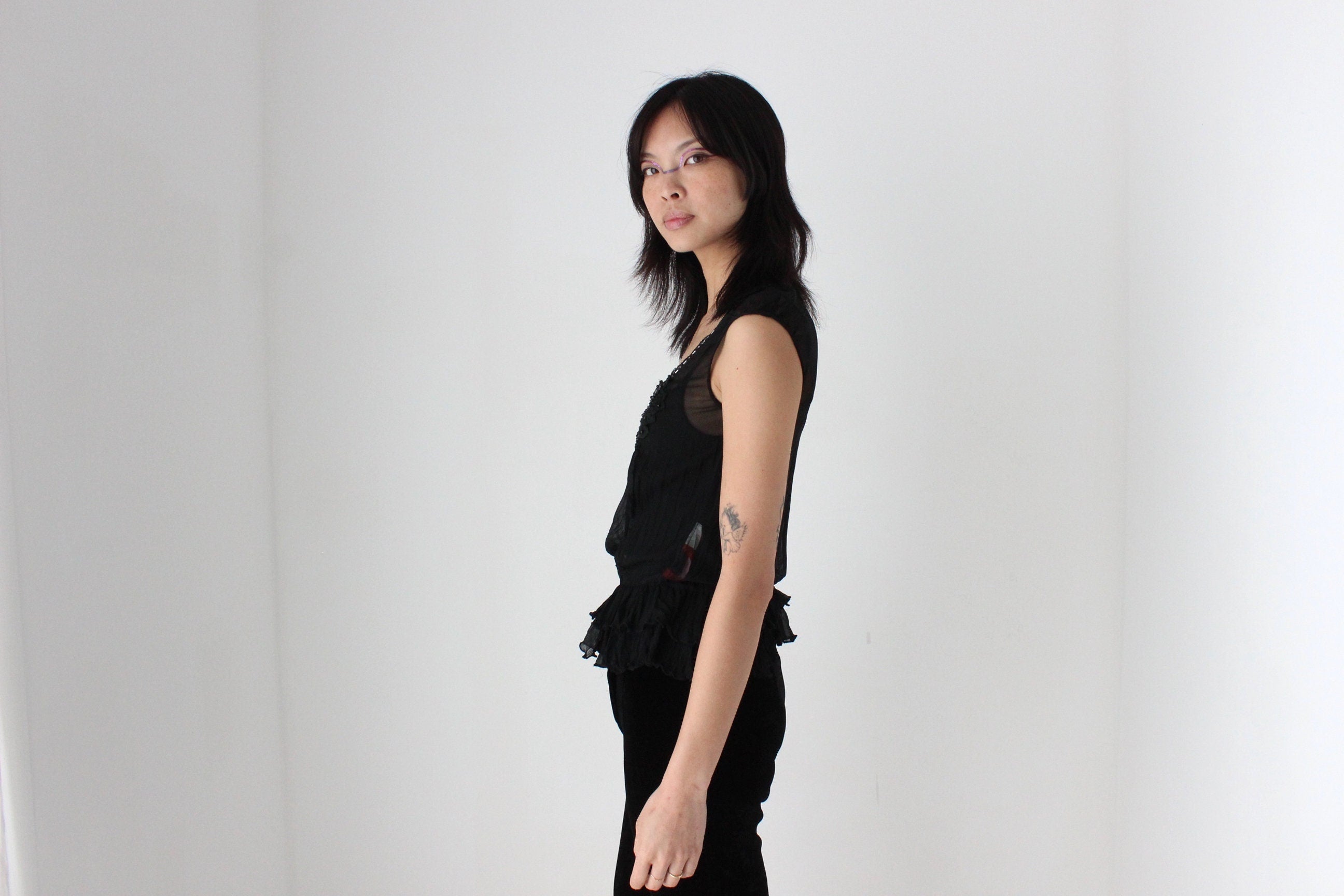 Y2K Gauzy Bejewelled Cap Sleeve Gathered Top
