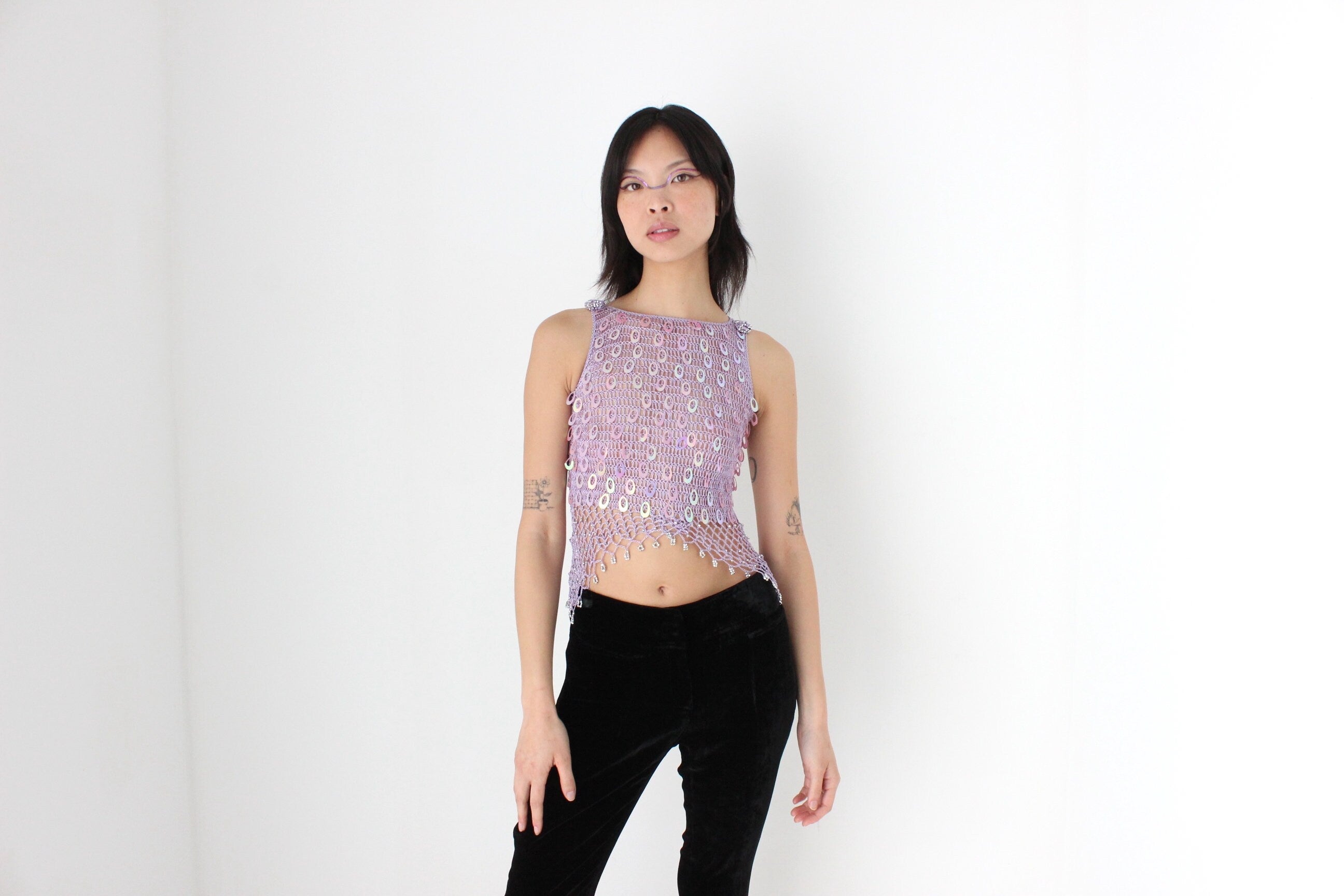 Y2K Crochet Knit & Disc Sequin Pastel Purple Party Crop Top