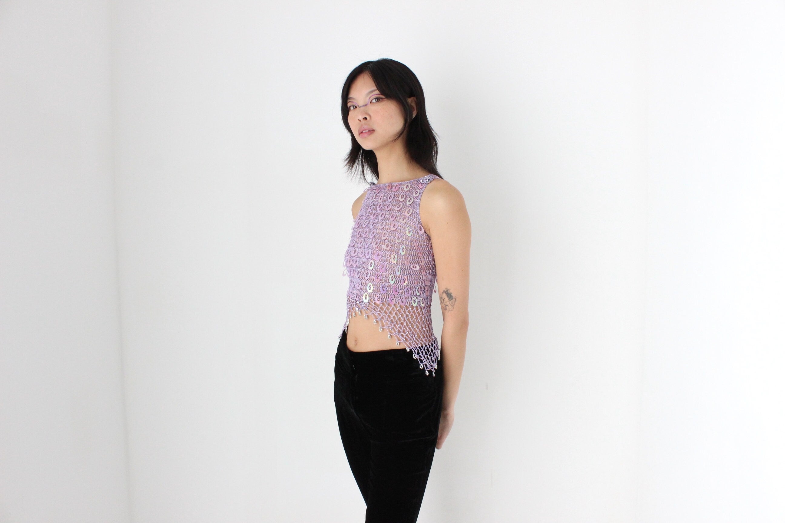 Y2K Crochet Knit & Disc Sequin Pastel Purple Party Crop Top