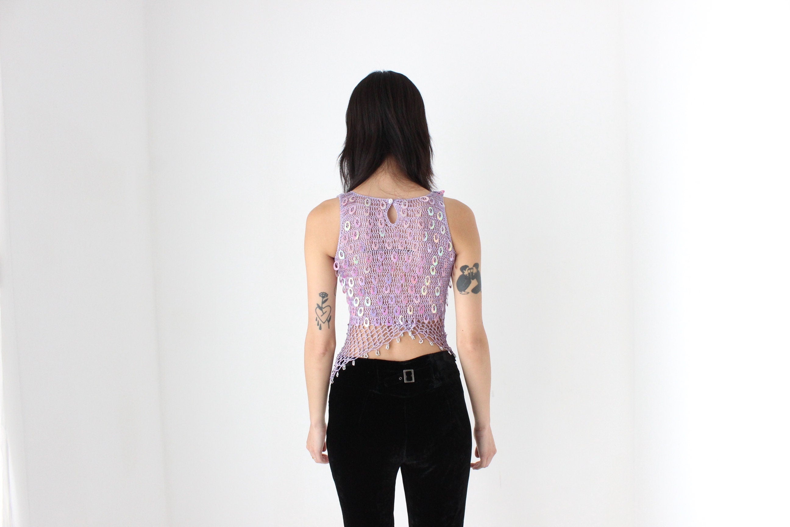 Y2K Crochet Knit & Disc Sequin Pastel Purple Party Crop Top