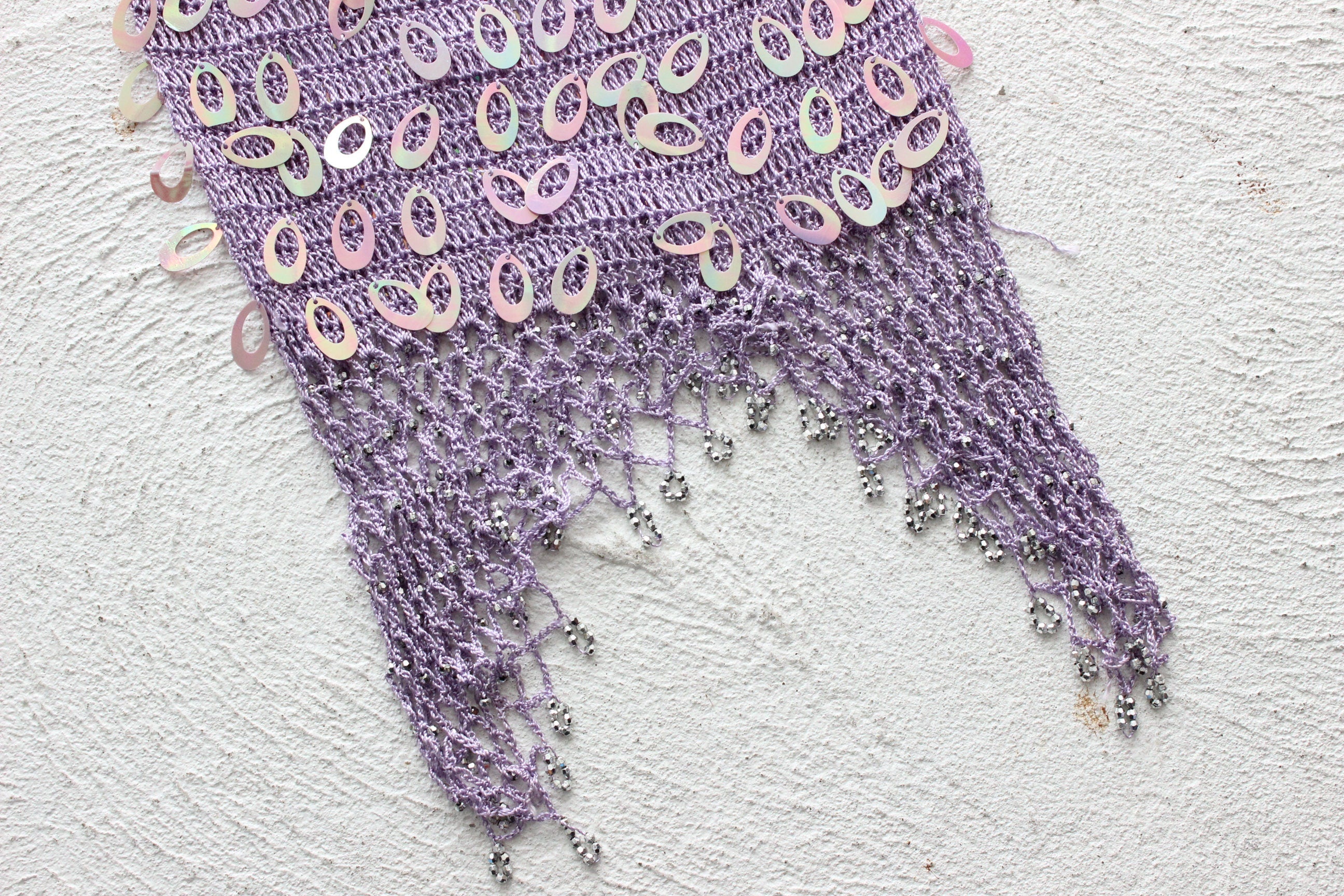 Y2K Crochet Knit & Disc Sequin Pastel Purple Party Crop Top
