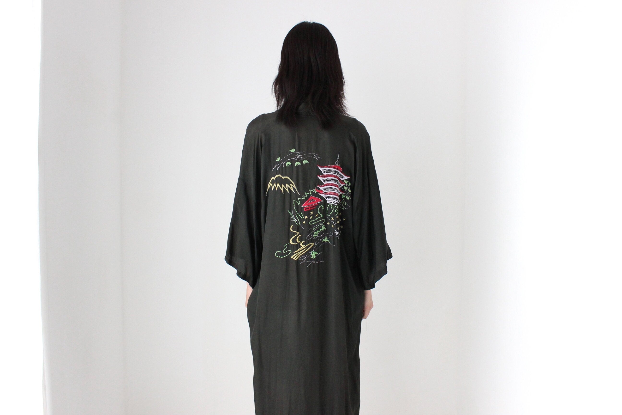 1980s Silky Rayon Button Front Kimono Robe Dress
