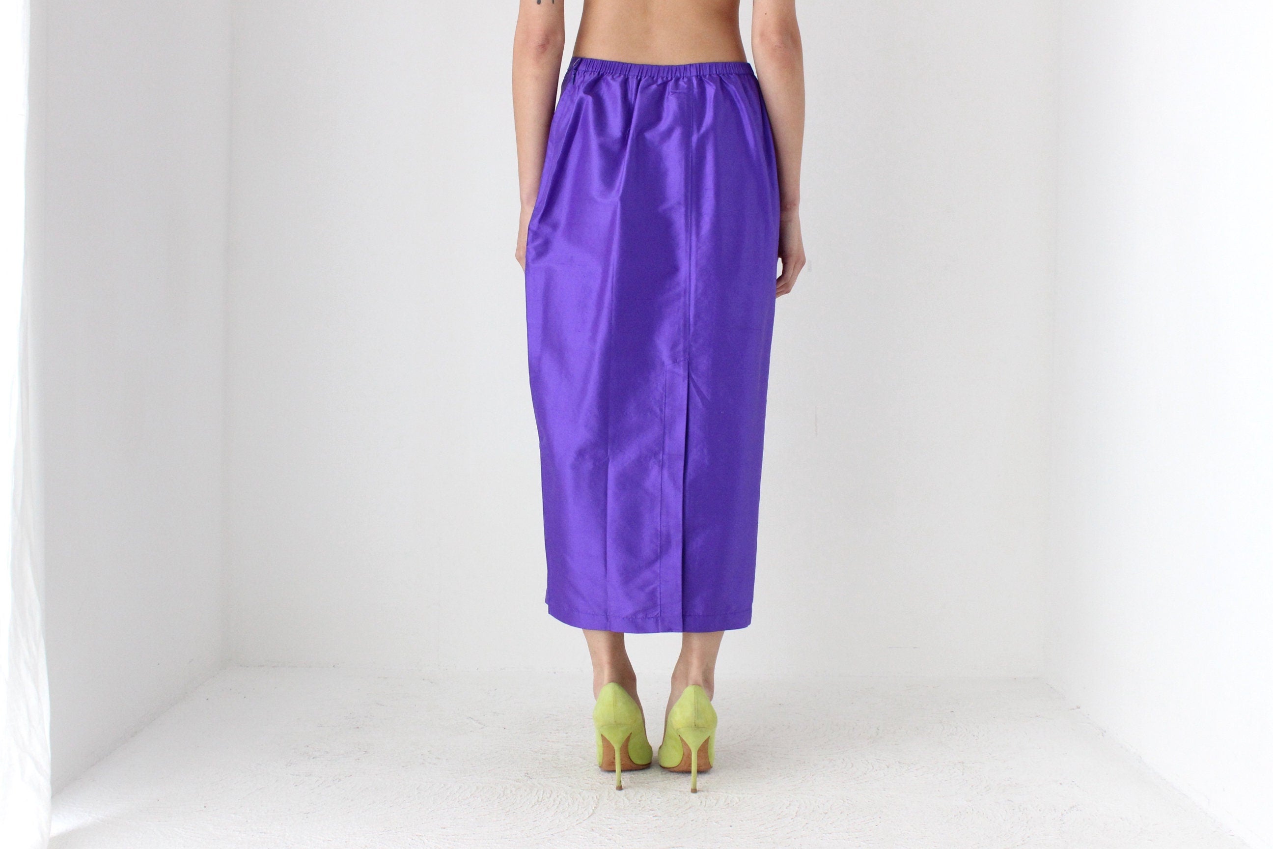90s Purple Shantung Silk High Waist Column Midi Skirt