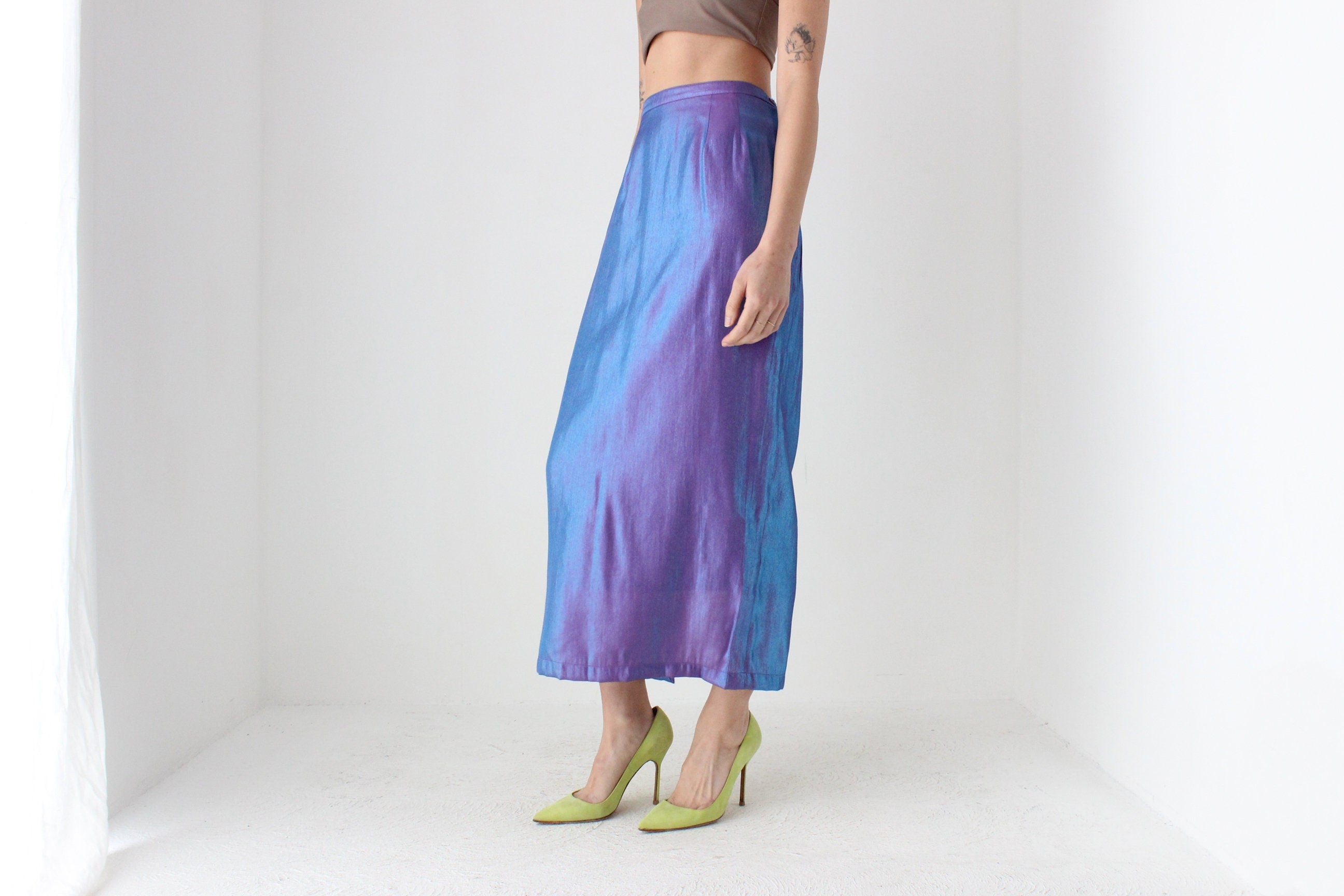 90s Holographic Duo Tone Metallic High Waist Column Midi Skirt