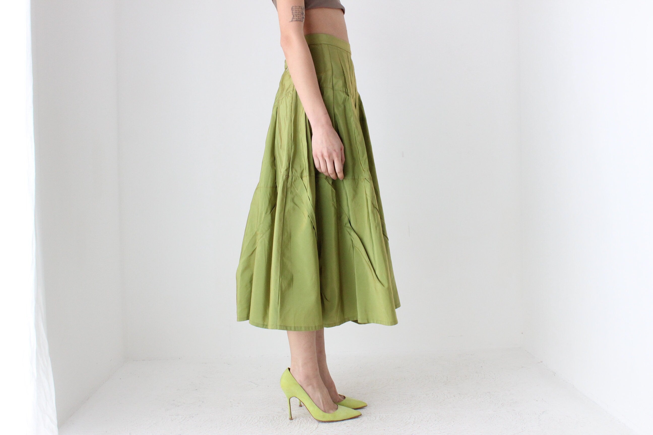 Y2K Metallic Green Structural Taffeta High Waist Skirt
