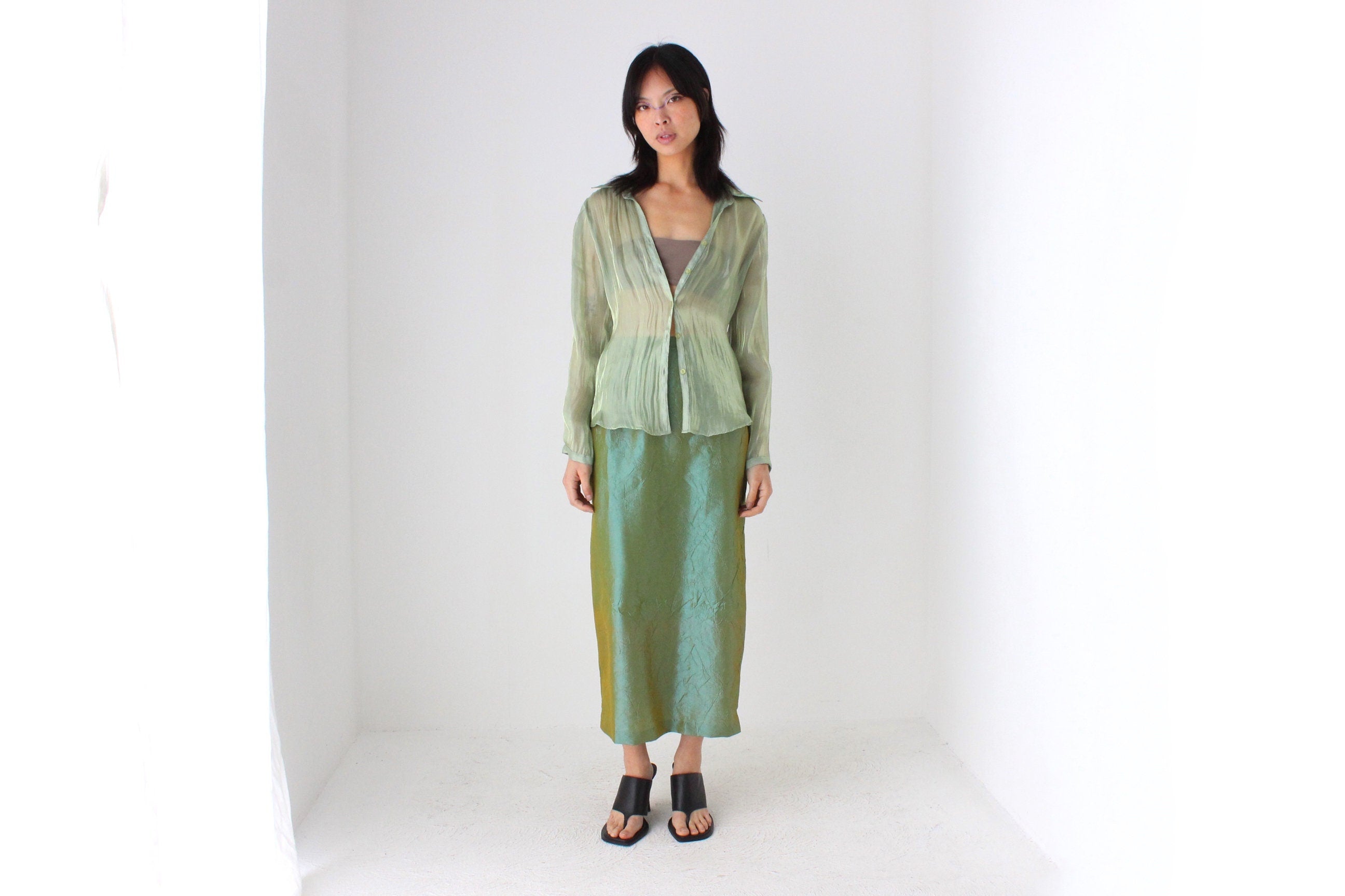 Y2K Iridescent Green Sheer Metallic Button Up Blouse