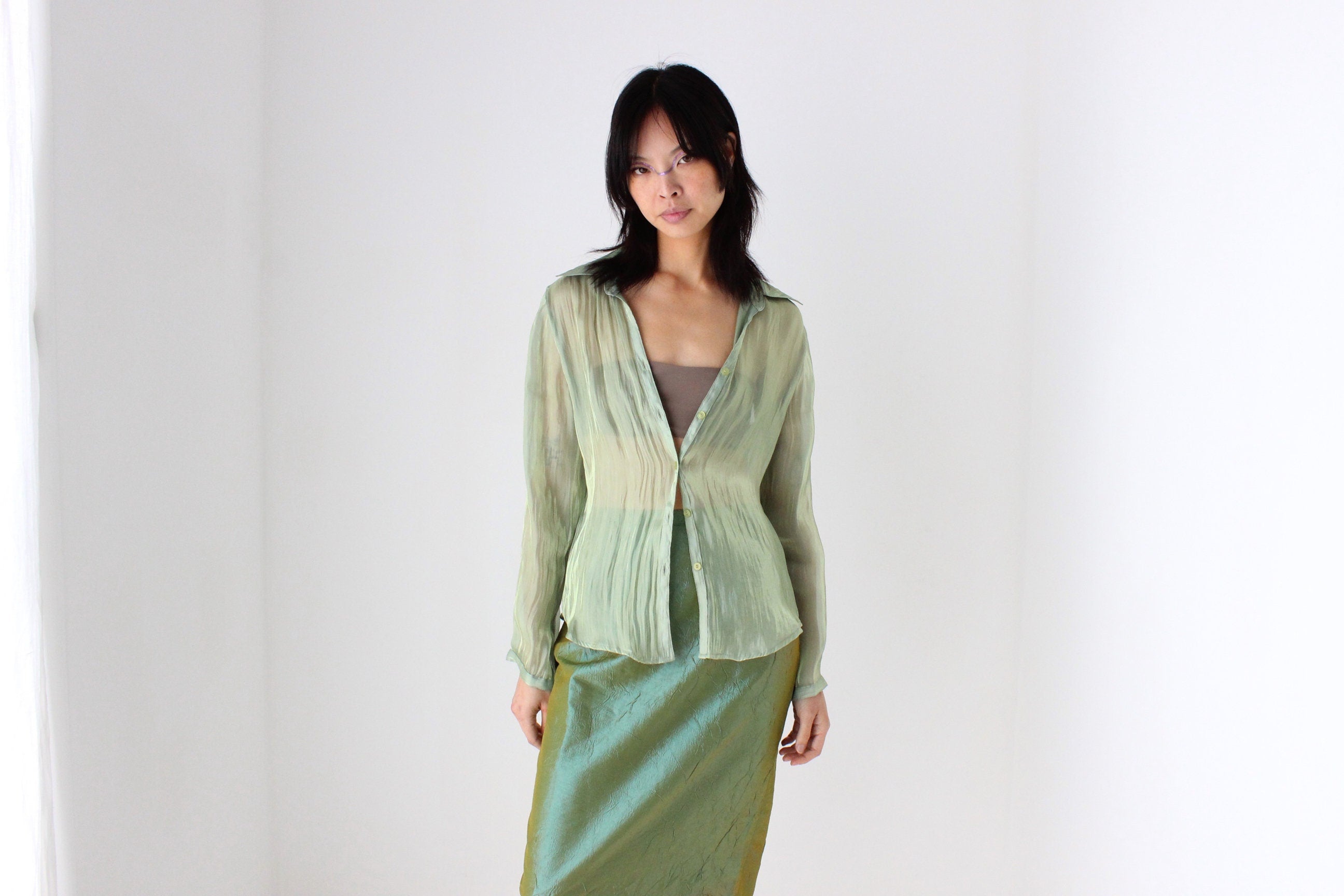 Y2K Iridescent Green Sheer Metallic Button Up Blouse