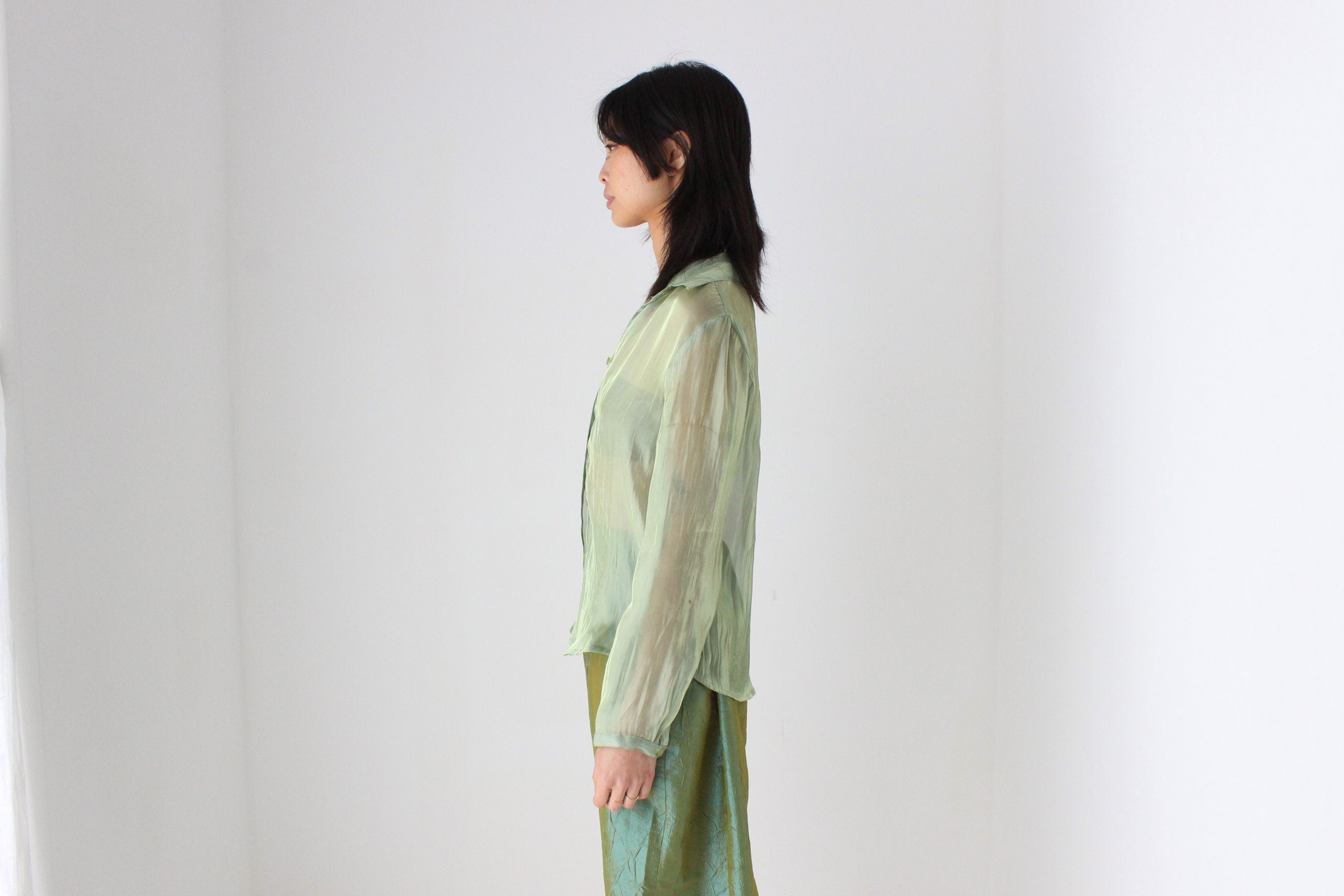 Y2K Iridescent Green Sheer Metallic Button Up Blouse