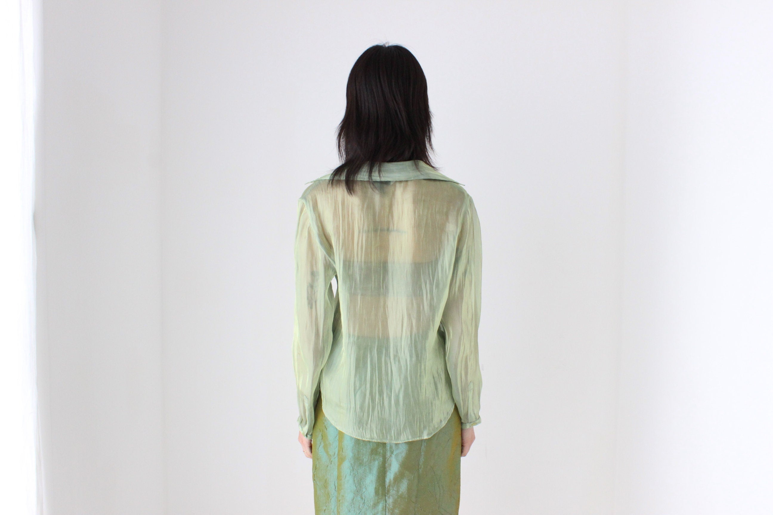 Y2K Iridescent Green Sheer Metallic Button Up Blouse